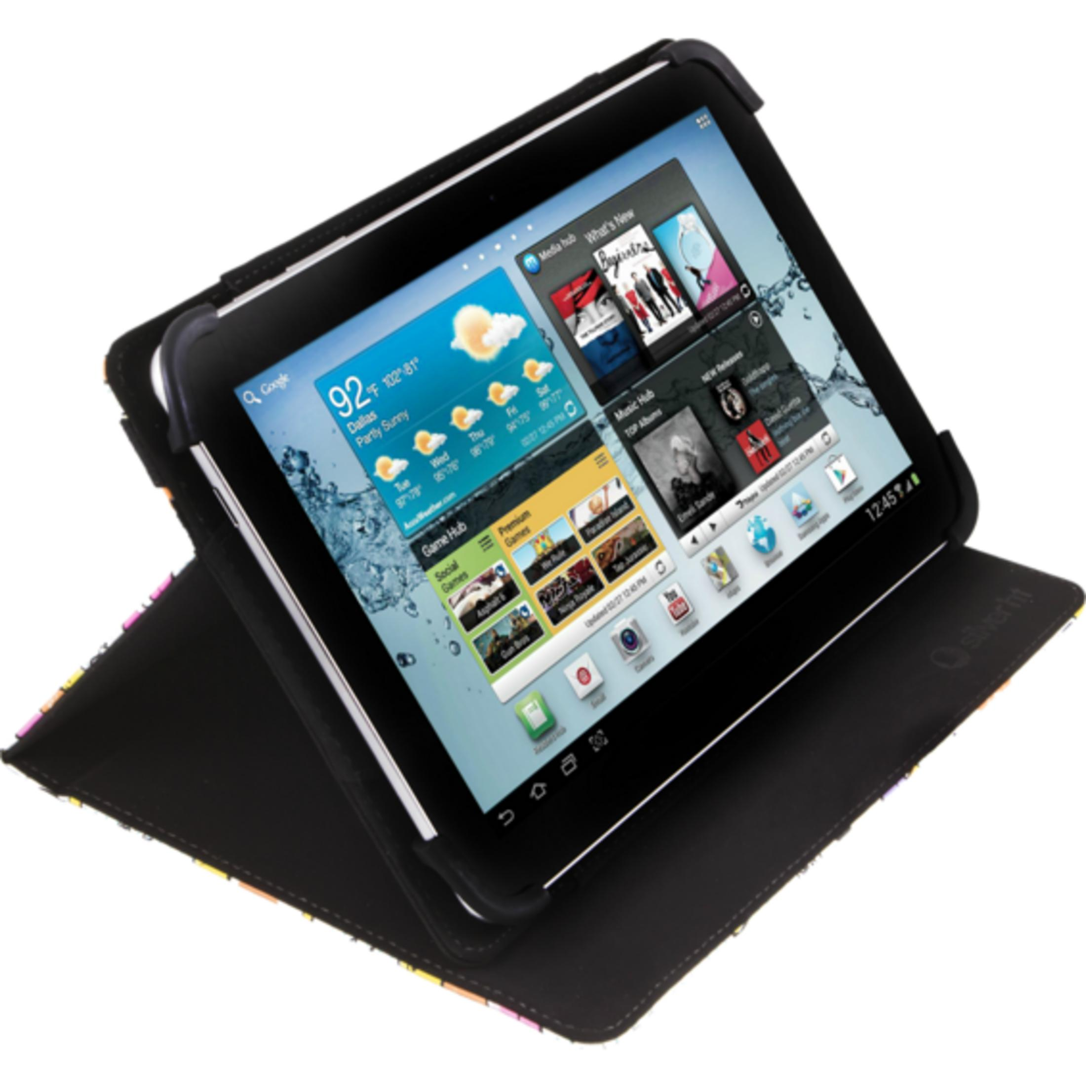 Una tablet en funda negra mostrando apps de clima, juegos y música. Fondo blanco.