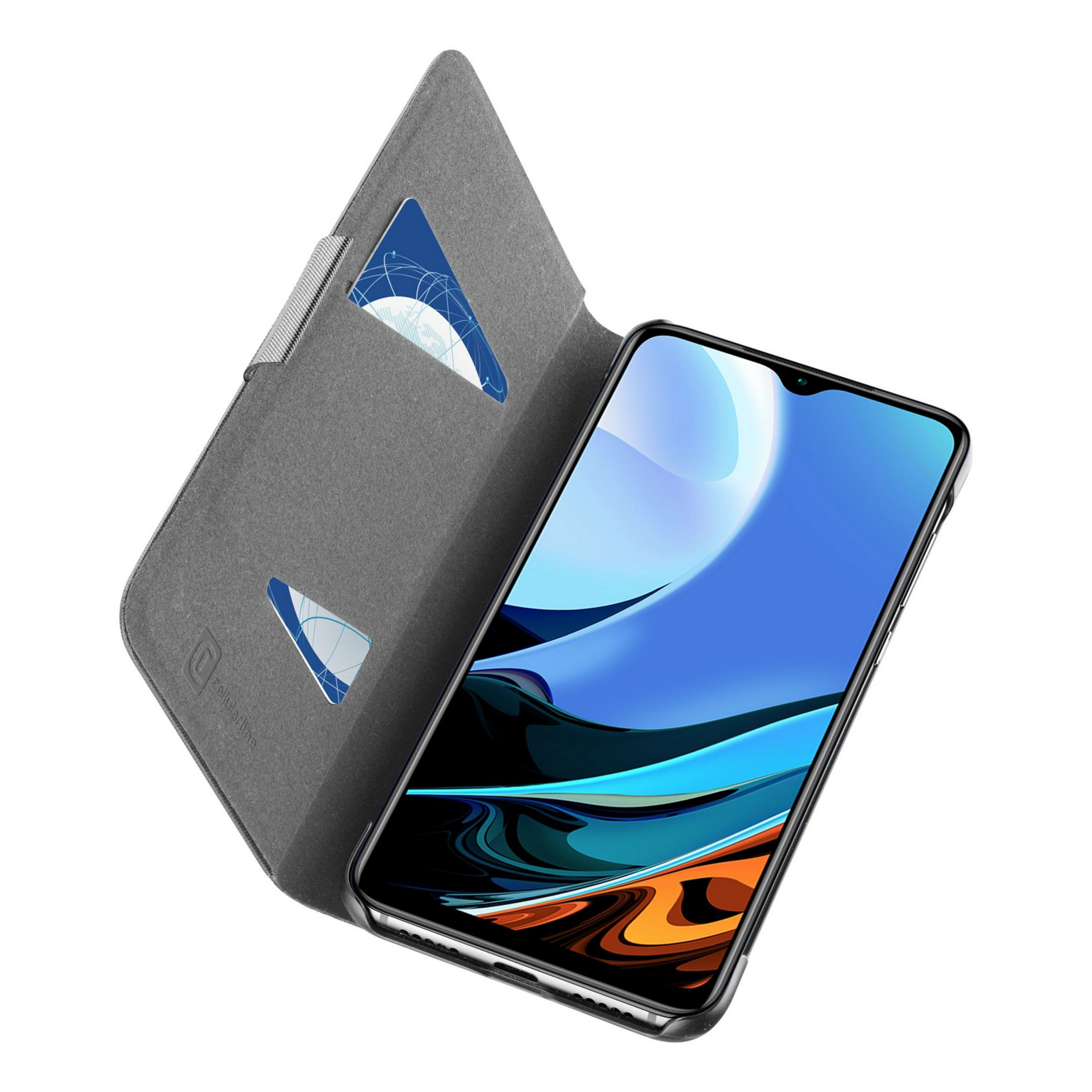 Custodia a libro grigia per telefono con due slot per carte e uno smartphone.