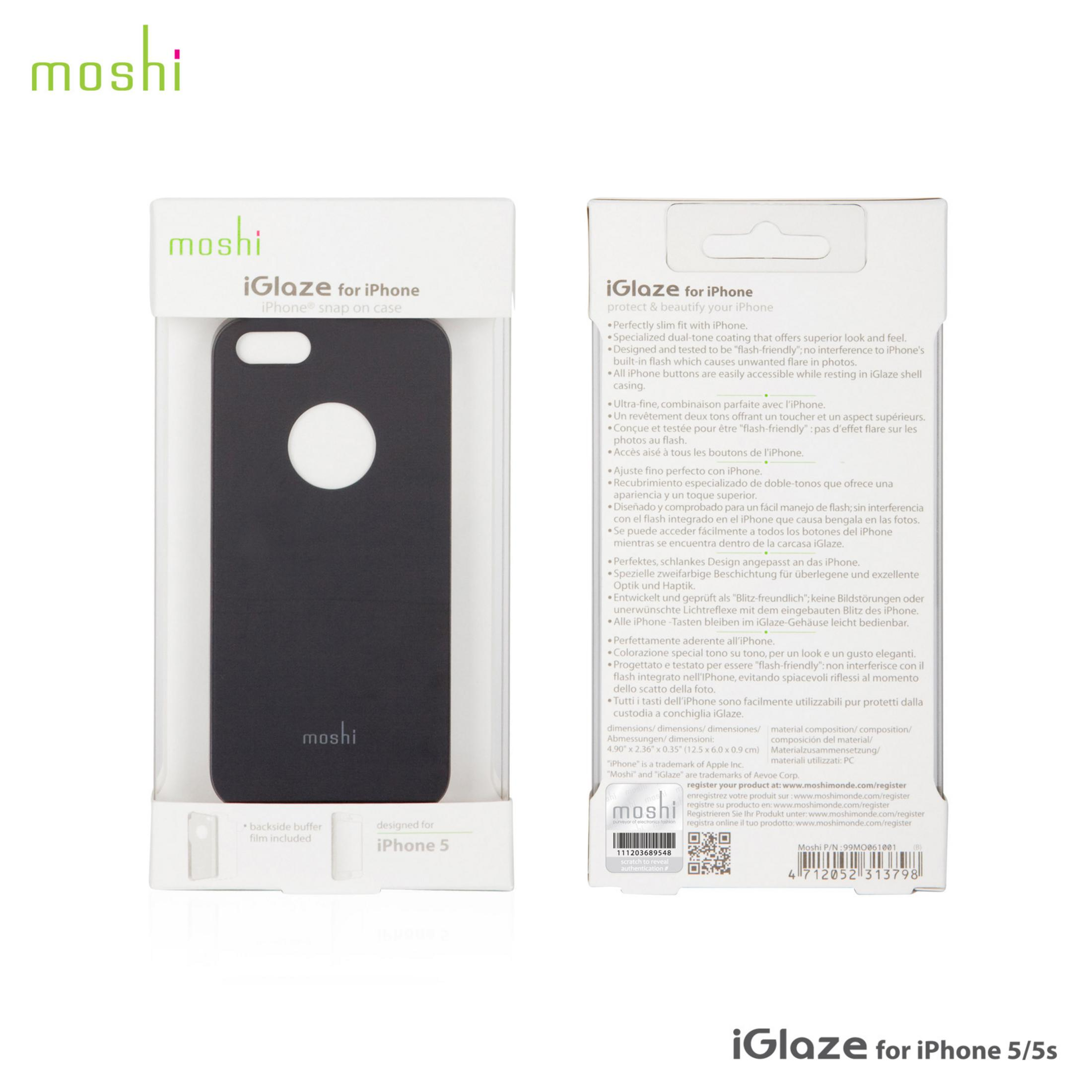 Custodia nera Moshi per iPhone 5 con informazioni sul prodotto.