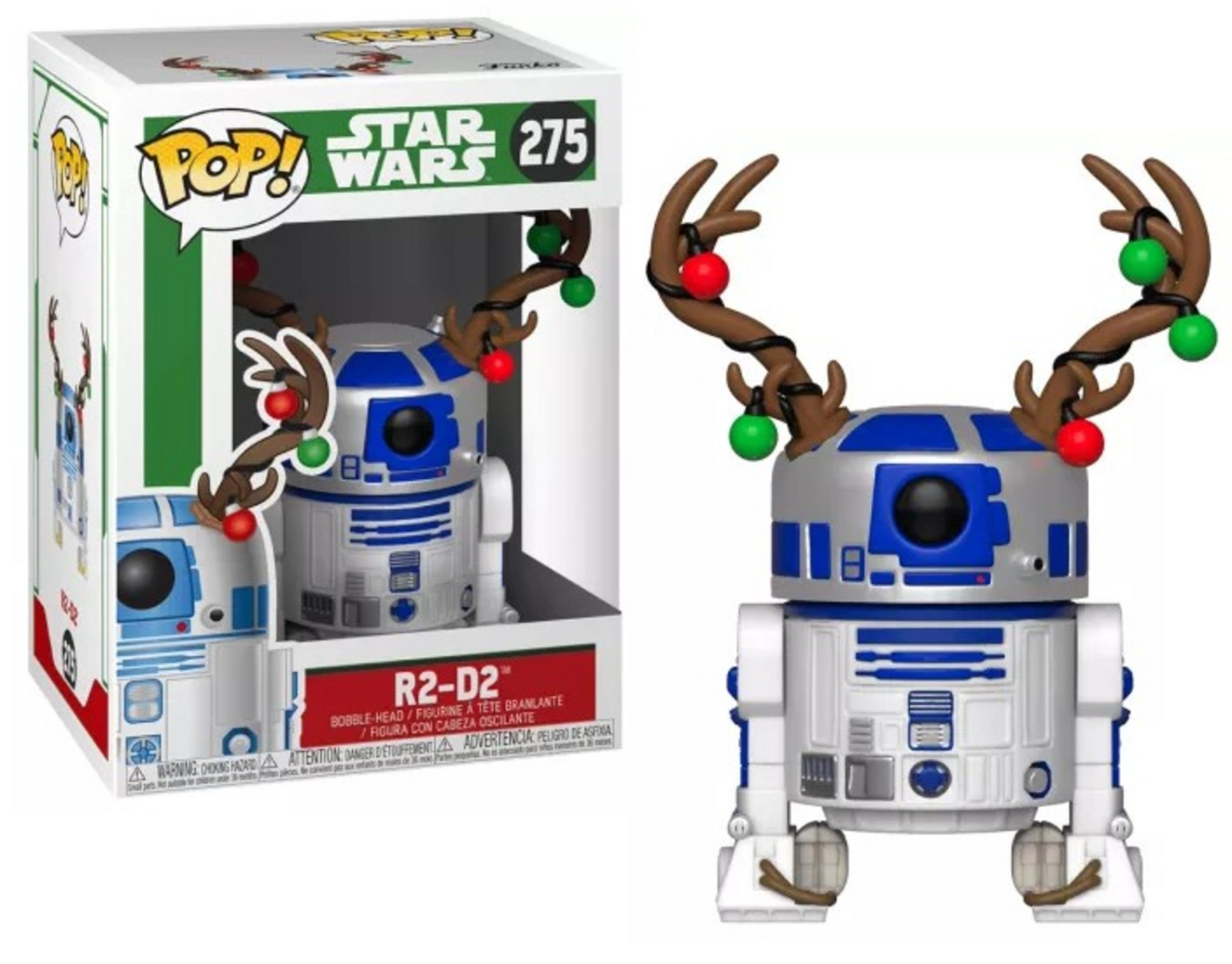 Un R2-D2 Funko Pop con corna di renna e palline di Natale.
