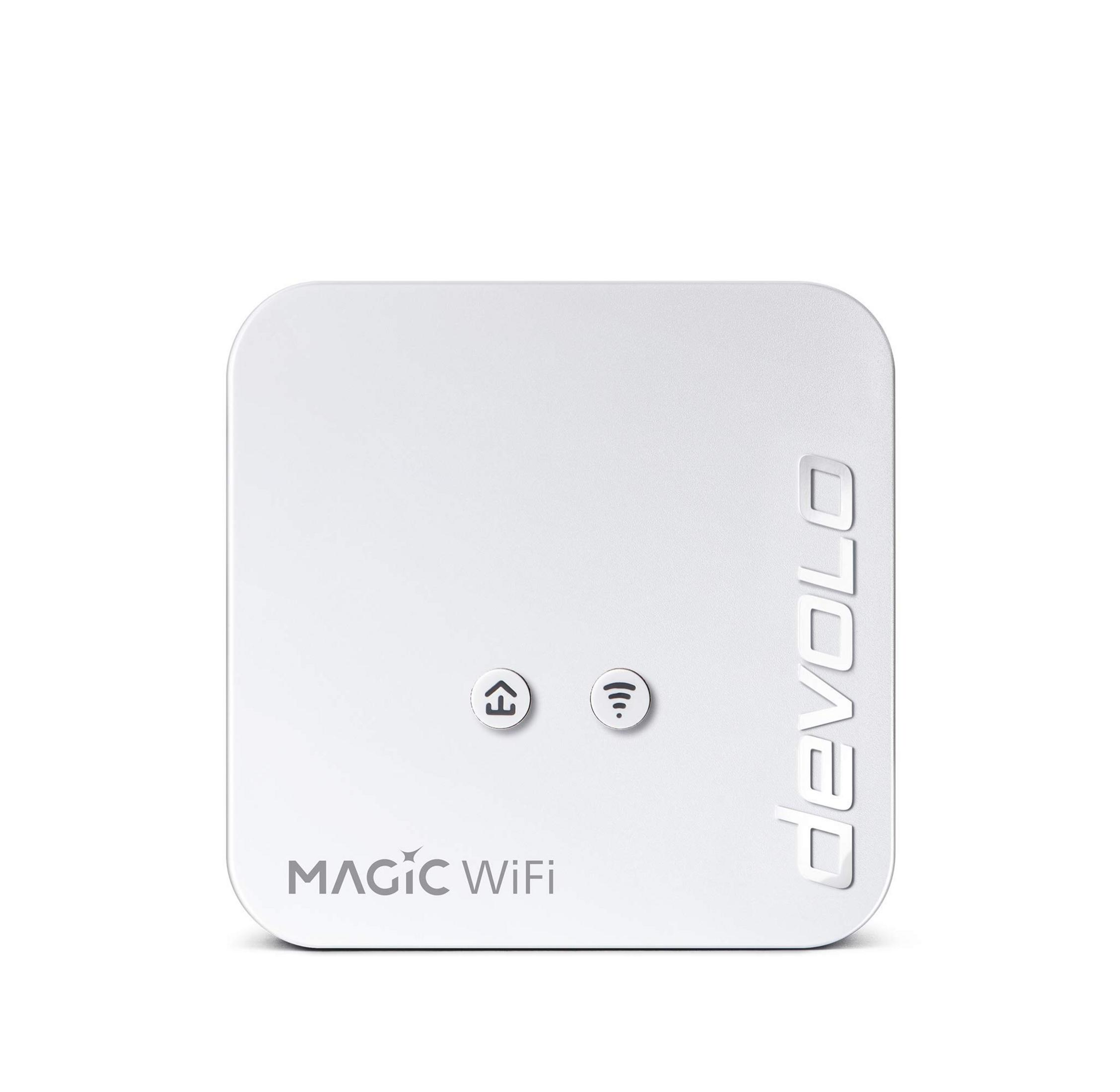 Ein weißer Devolo Magic WiFi Powerline-Adapter mit "Haus" und "WLAN" Symbolen.