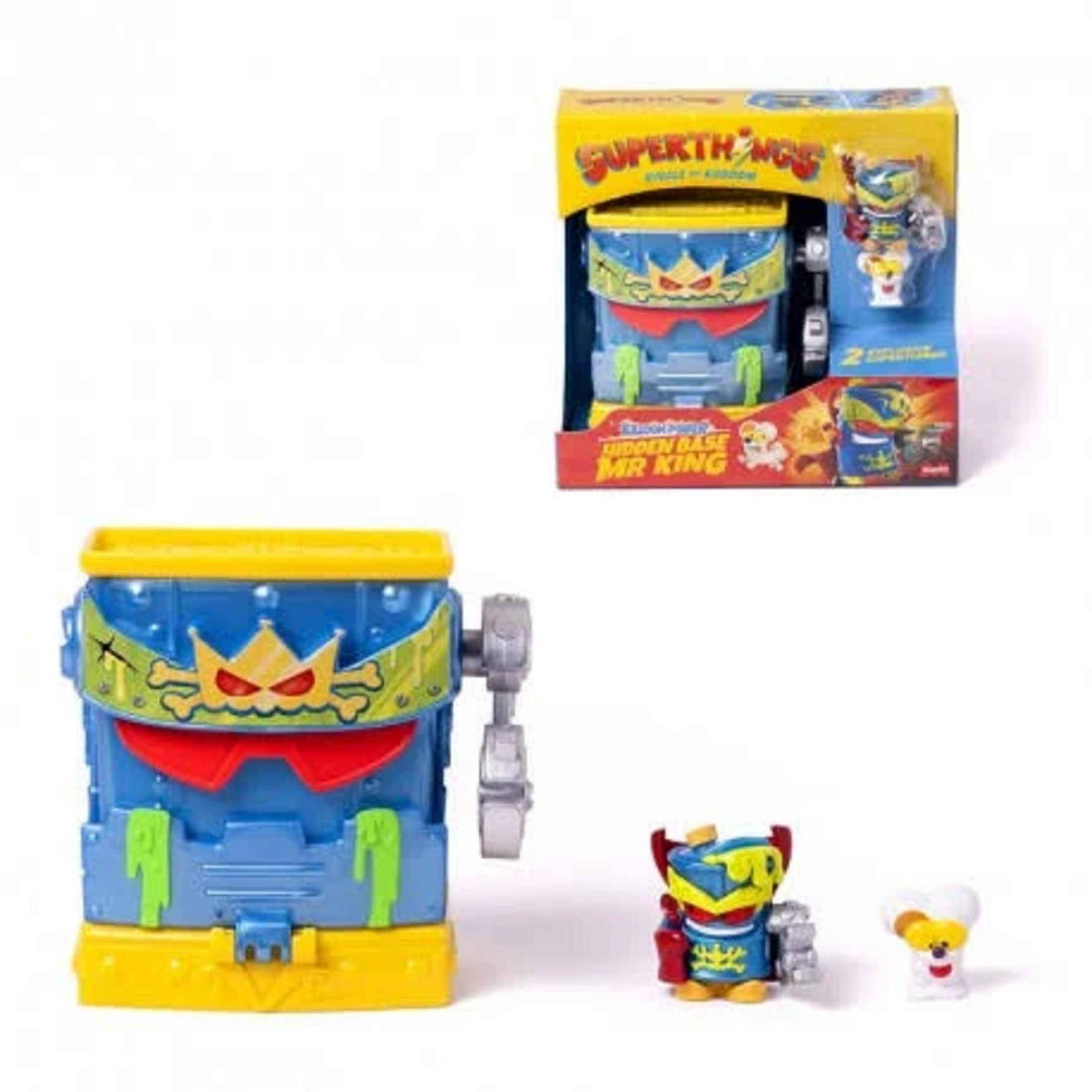 Juguete Super Things Mr King: Base con figuras y embalaje sobre fondo blanco.
