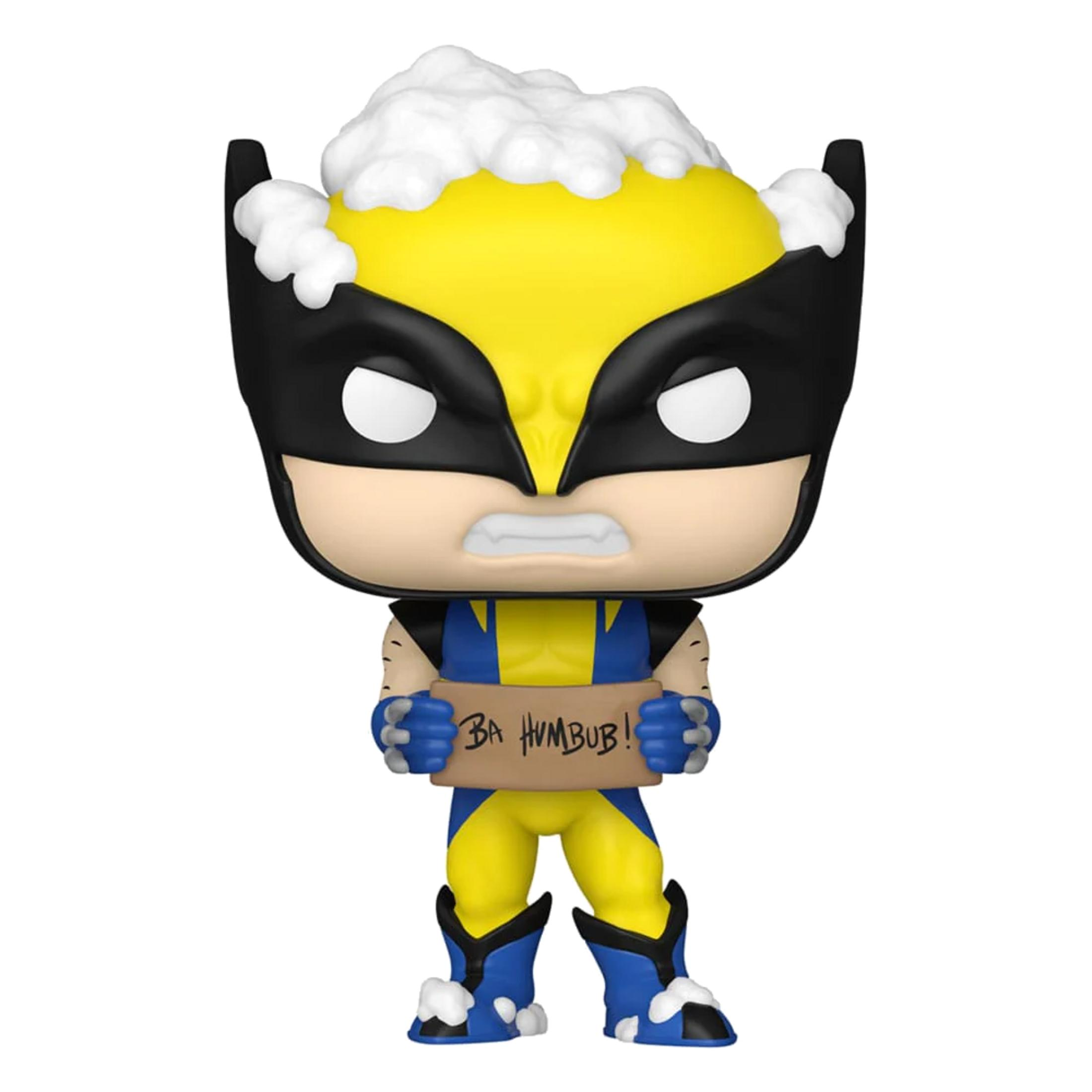 Figura de Wolverine con cabeza espumosa sostiene cartel "BA HUMBUG".