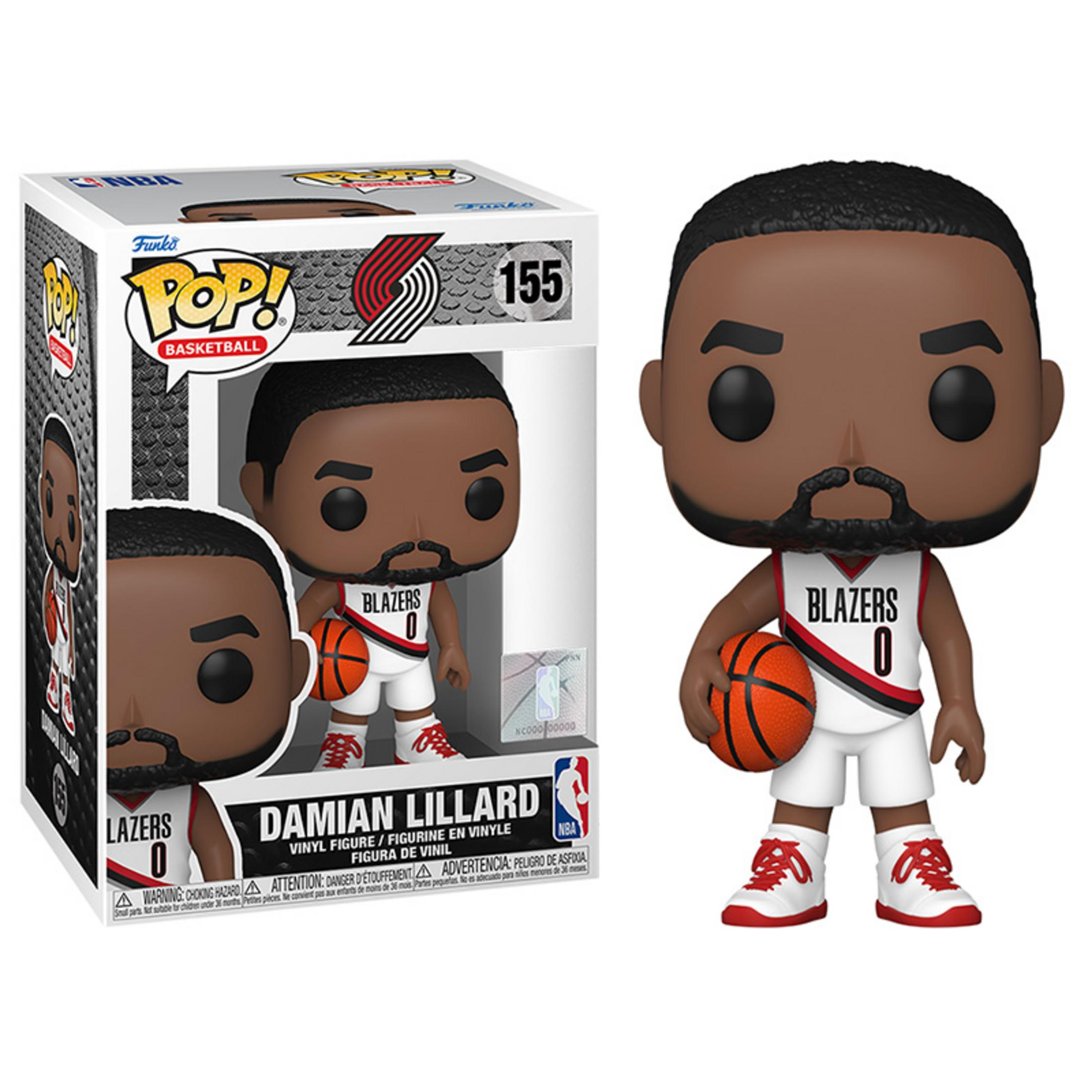 Funko Pop Vinyl Figur von Damian Lillard mit Basketball, trägt Trikot Nr. 0.