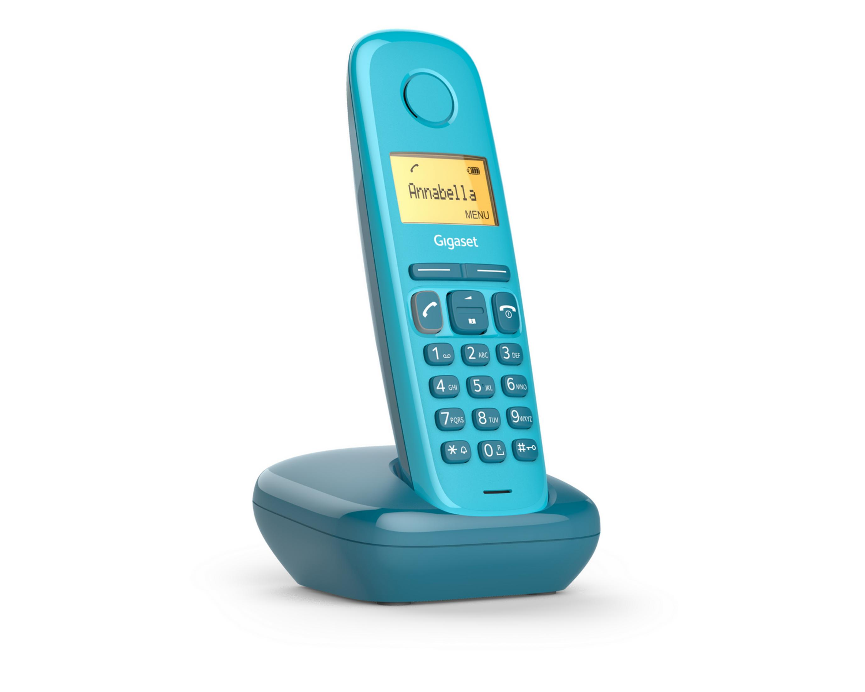Un teléfono inalámbrico azul Gigaset está en su base de carga.