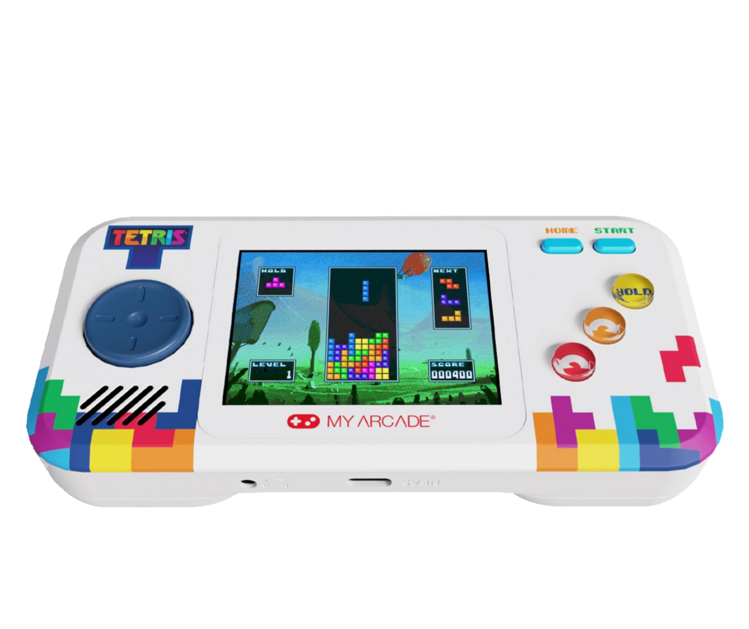 Un dispositivo portatile bianco Tetris con motivi di blocchi Tetris colorati.
