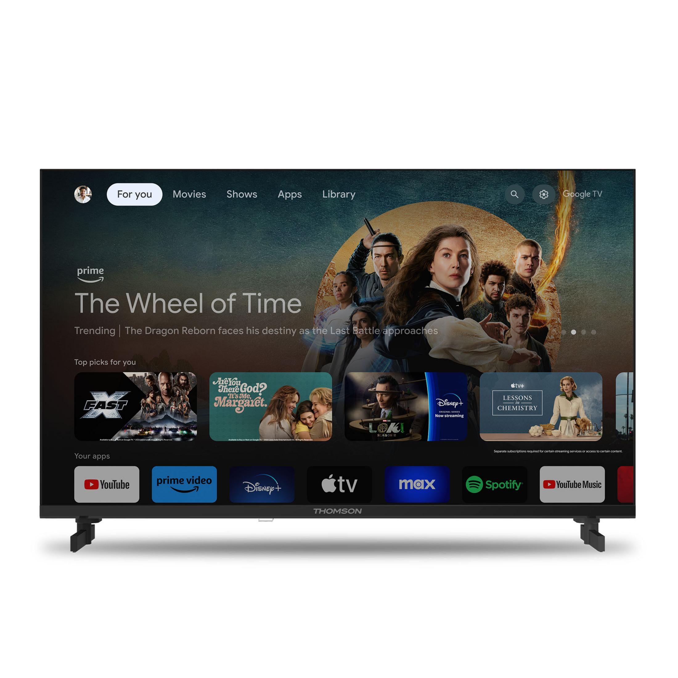 Un Smart TV Thomson mostra l'interfaccia Google TV con film, app e canali.