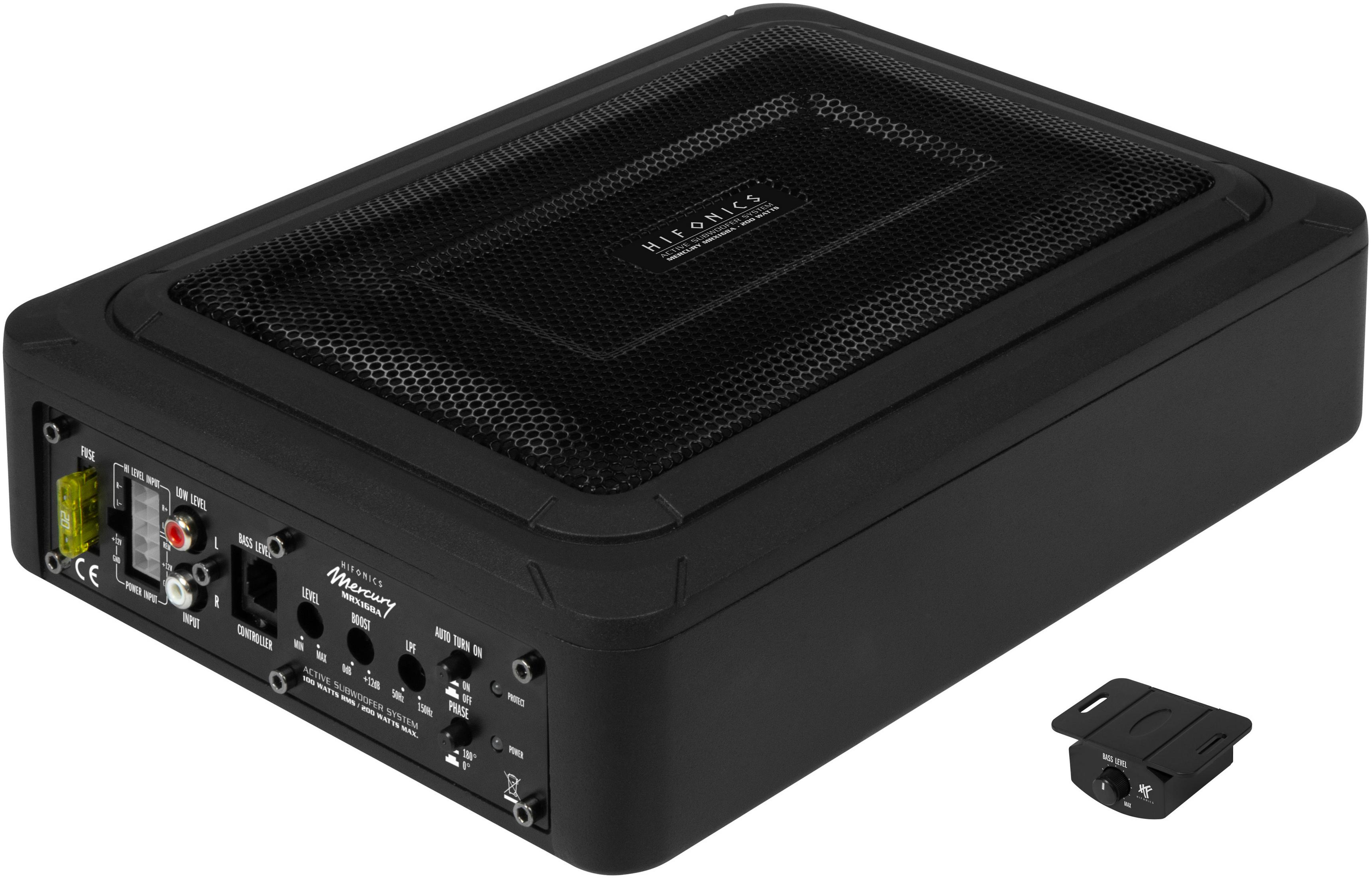 Schwarzer Hifonics Mercury MRX168A Aktiv-Subwoofer mit Bedienelementen und Eingängen hinten.