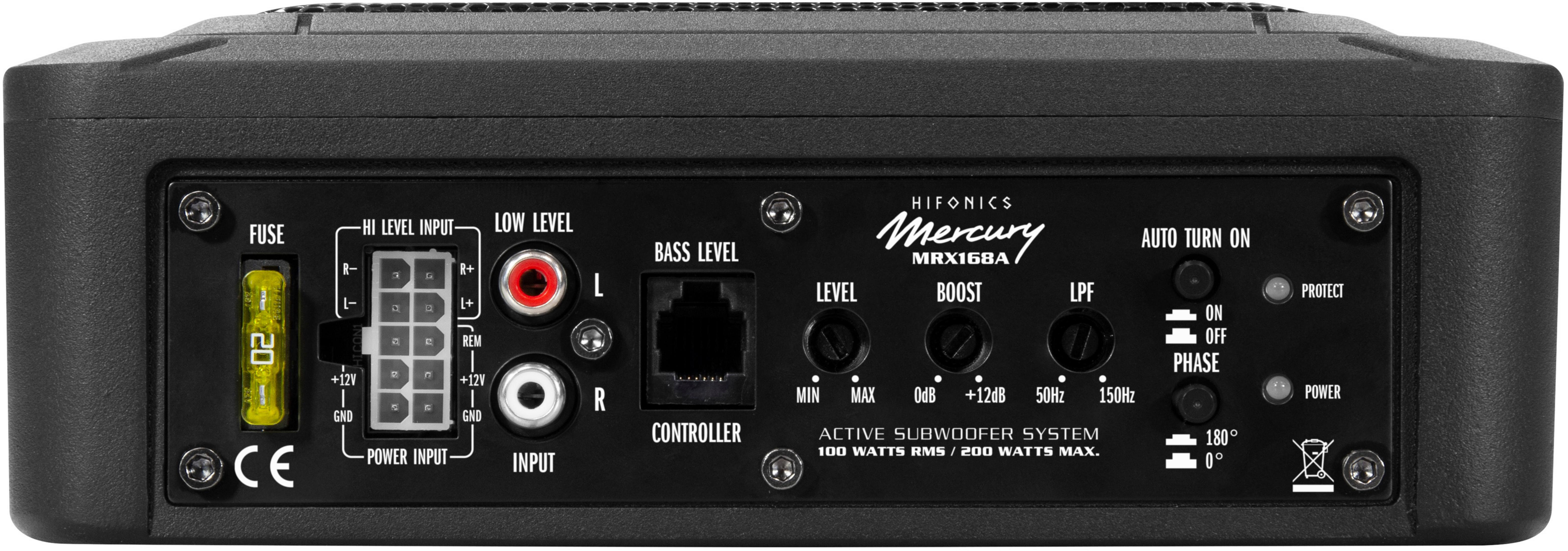 Rückseite eines schwarzen Hifonics Mercury MRX168A Subwoofer-Verstärkers mit Anschlüssen.