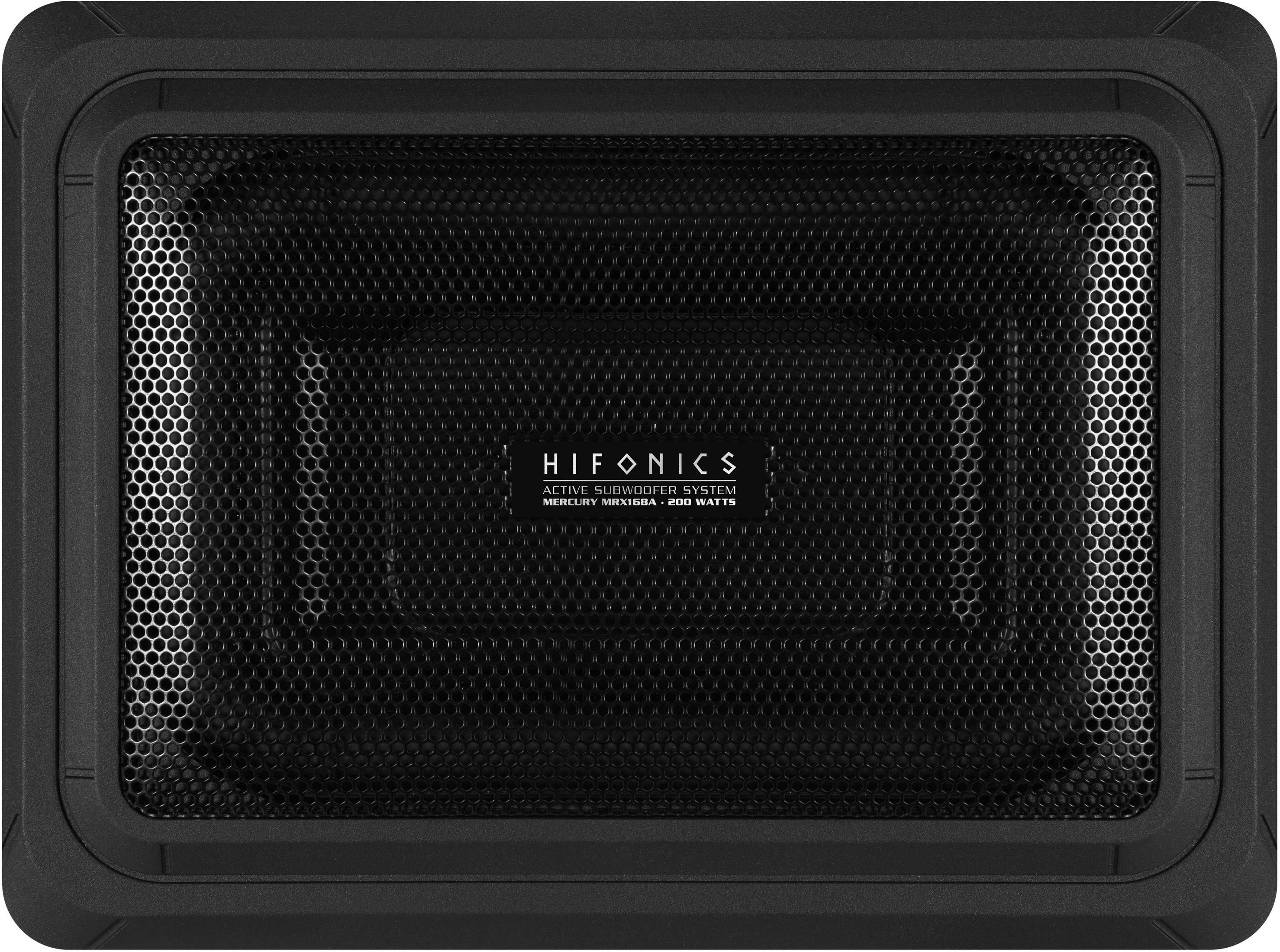 Schwarzer Subwoofer mit Hifonics-Logo und Gitter.
