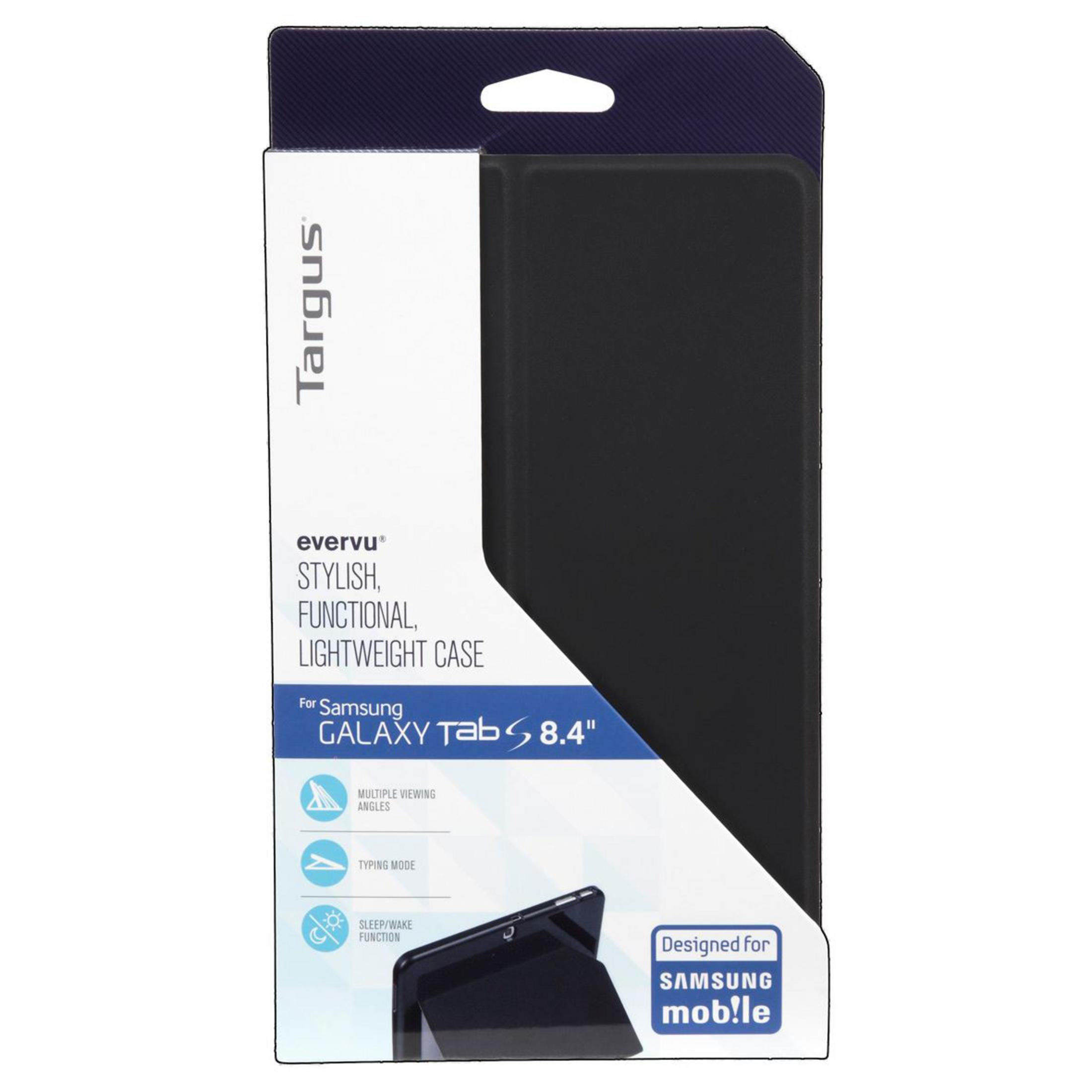 Verpackung einer schwarzen Targus Hülle für ein Samsung Galaxy Tab S 8.4.