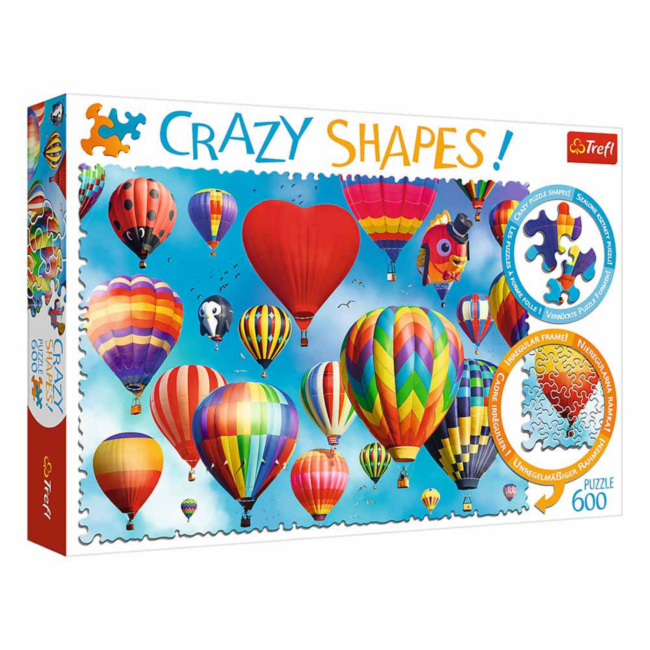 Palloni colorati riempiono il cielo. Testo: CRAZY SHAPES PUZZLE 600.