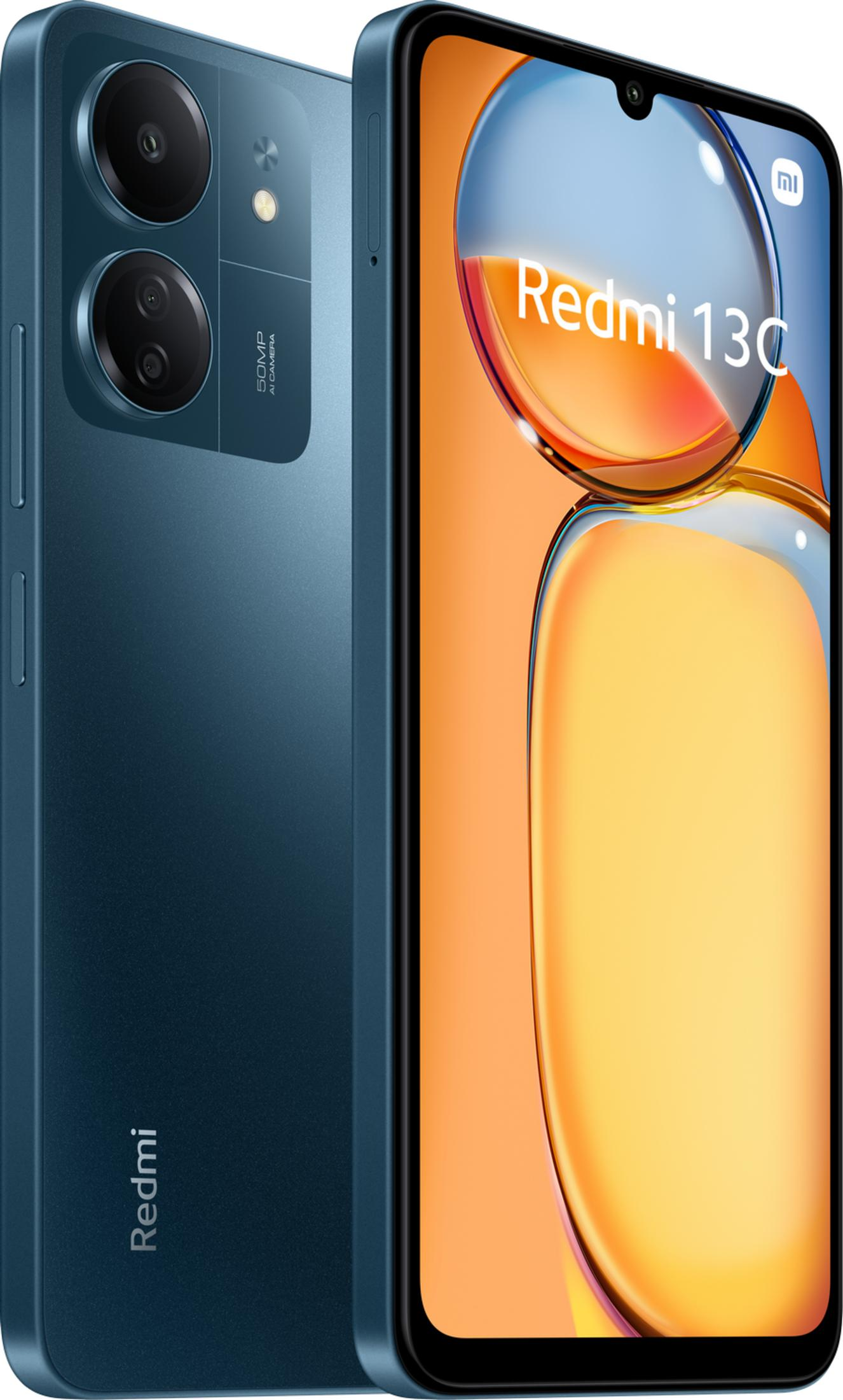 Ein blaues Redmi 13C Smartphone mit zwei Kameras auf der Rückseite.