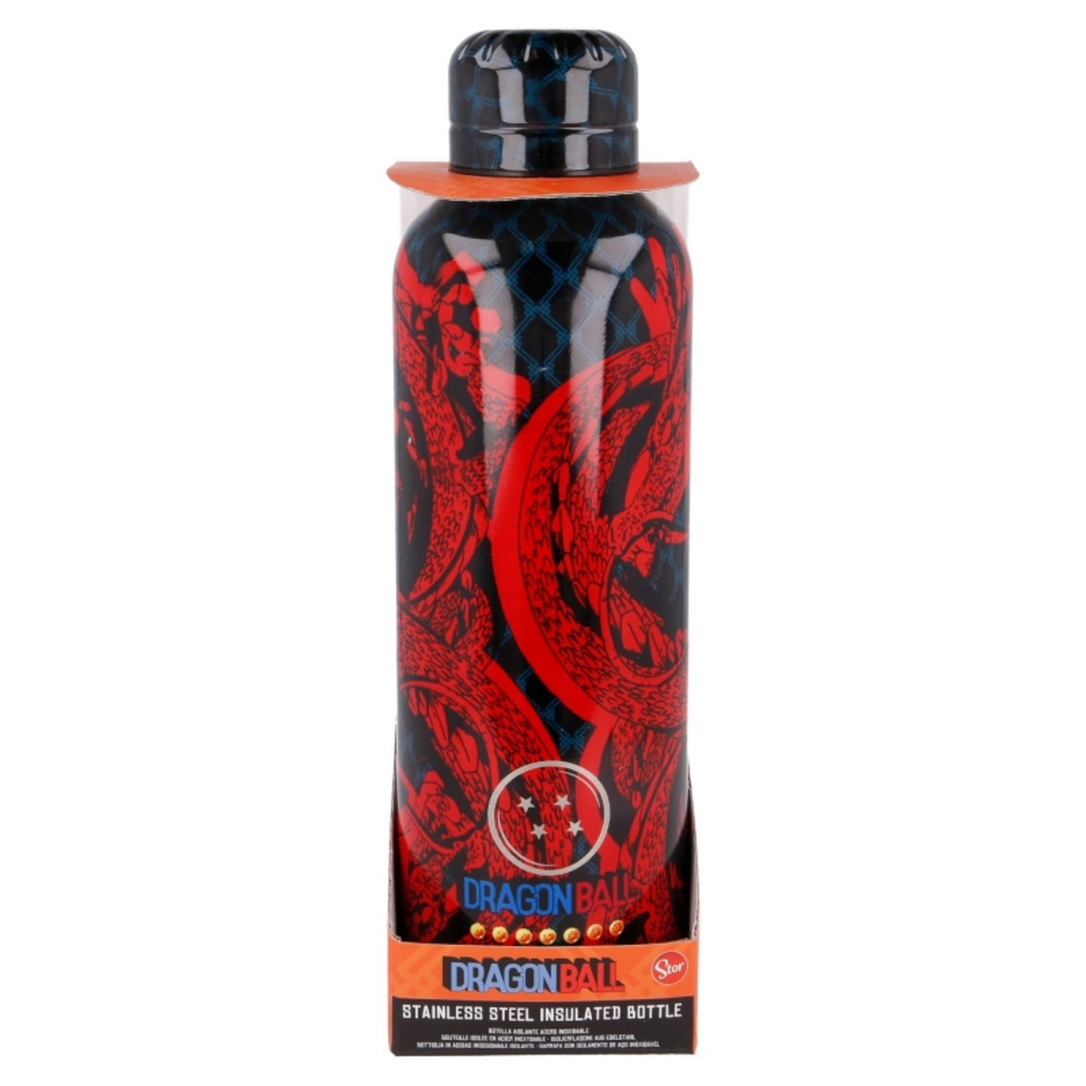 Una botella de acero inoxidable negra con dragones rojos y logo Dragon Ball.