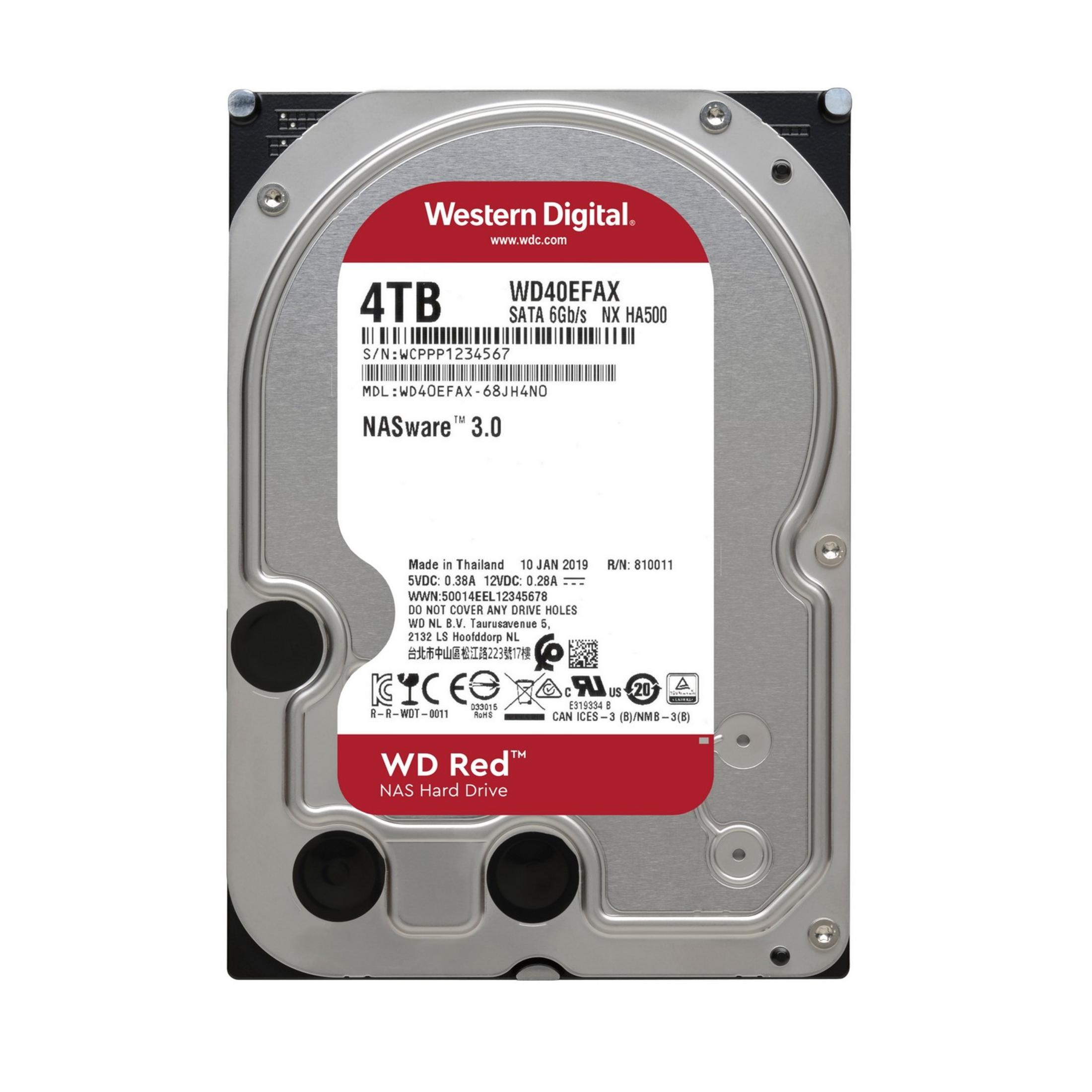 Western Digital 4TB NAS harde schijf, model WD40EFAX, zilver en rood.