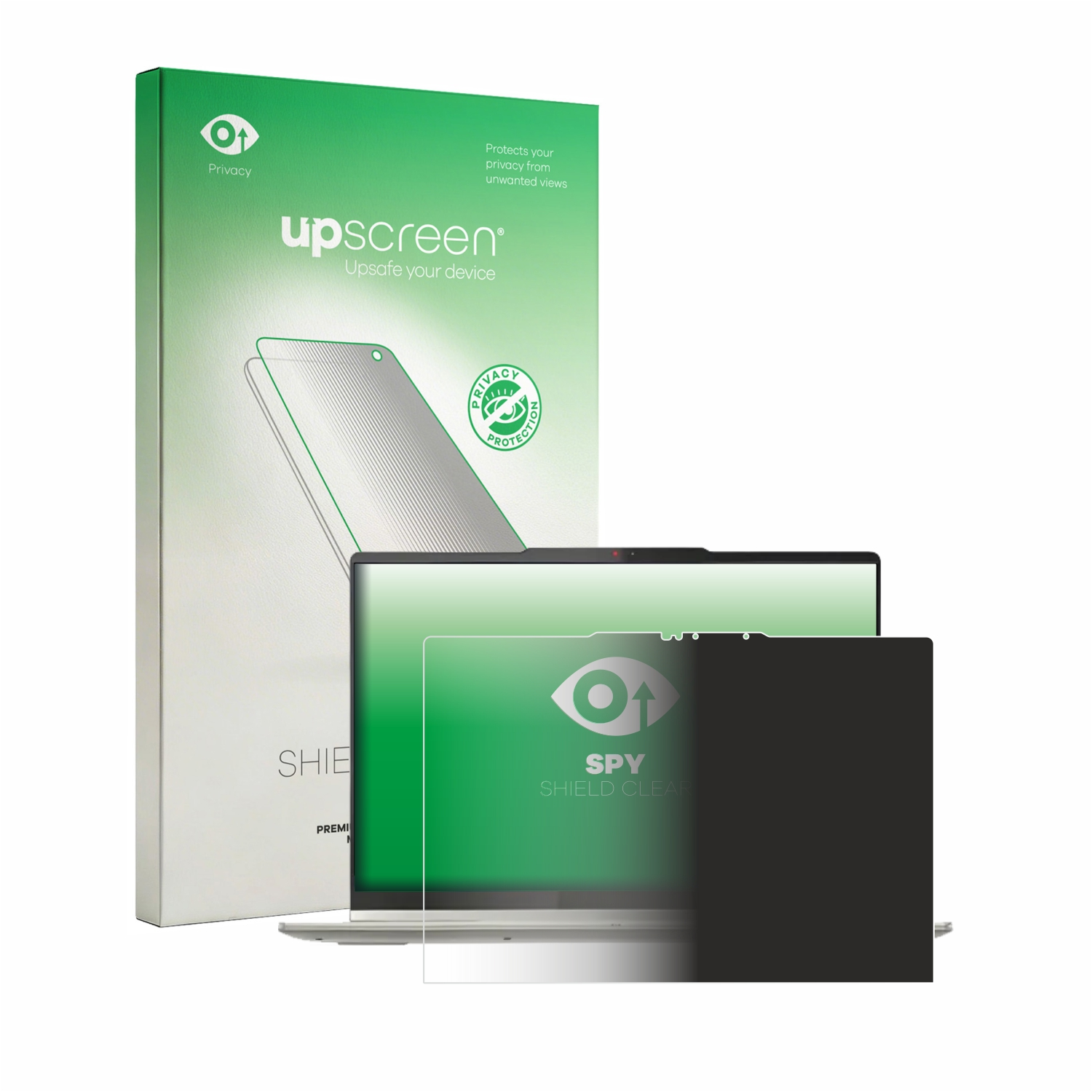 Ein Laptop mit einem Sichtschutzfilter und der Verpackung eines Upscreen-Sichtschutzprodukts.