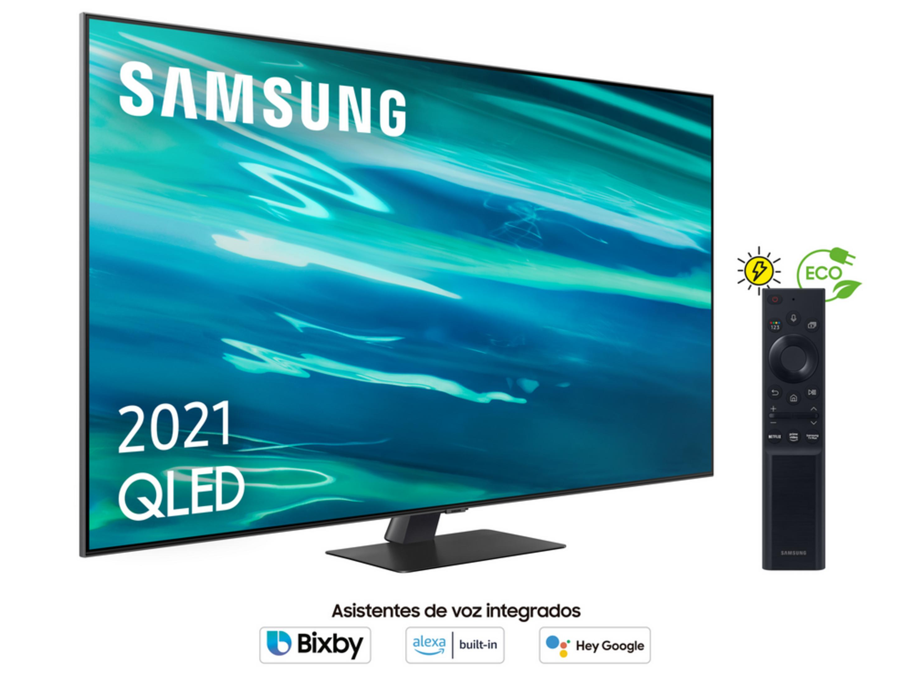 Ein Samsung 2021 QLED Fernseher mit Fernbedienung und integrierten Sprachassistenten.