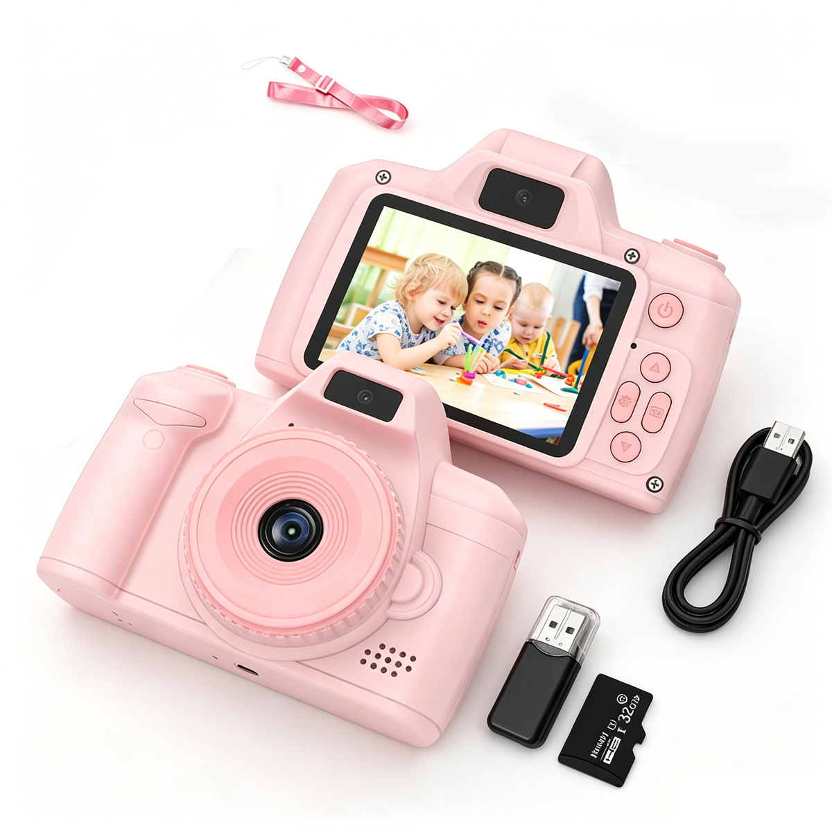 Zwei pinke Digitalkameras, USB-Kabel, Kartenleser und SD-Karte auf weißem Grund.