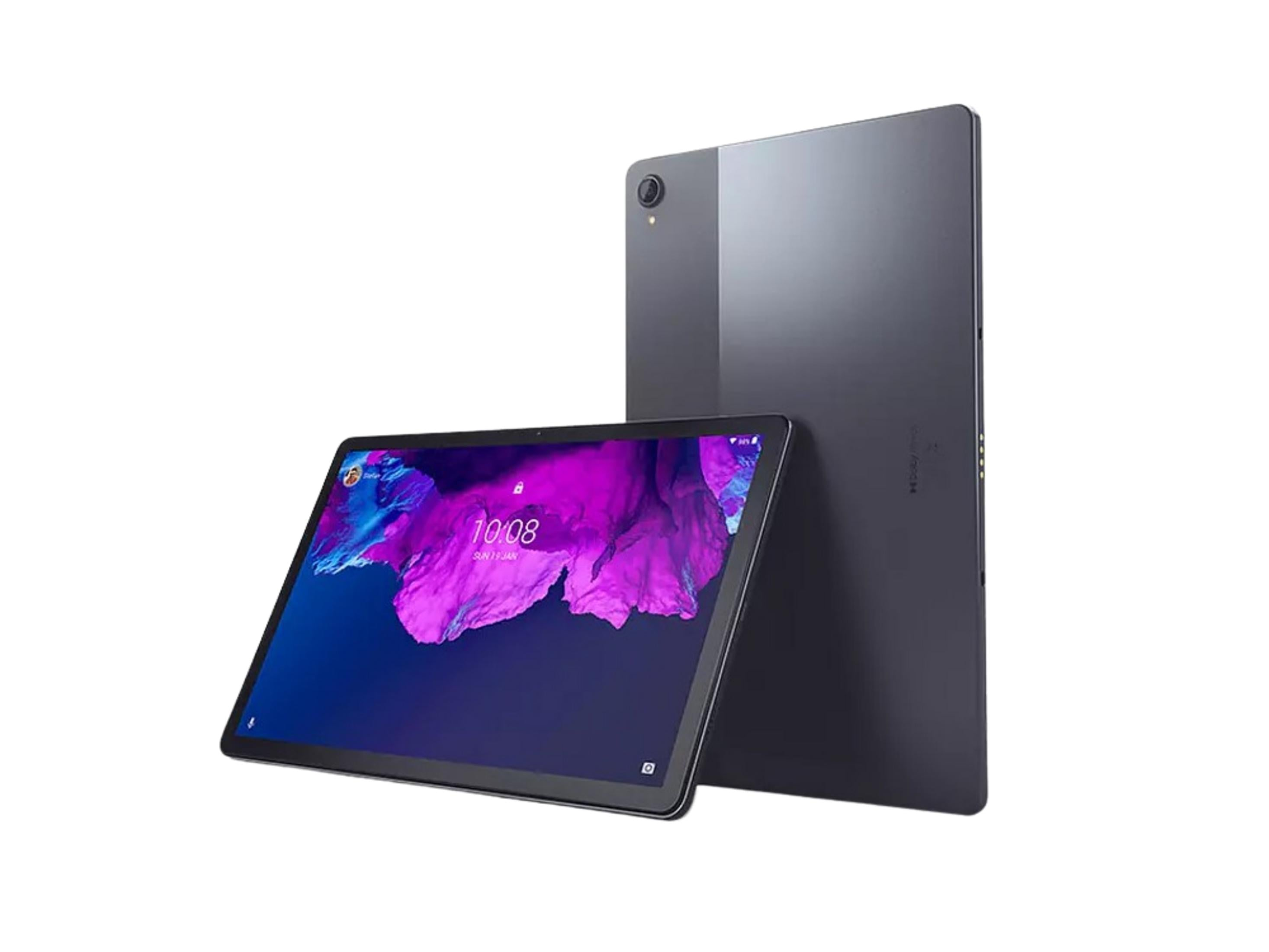 Dos tabletas oscuras con pantalla de fondo de pantalla morado, una detrás de la otra.