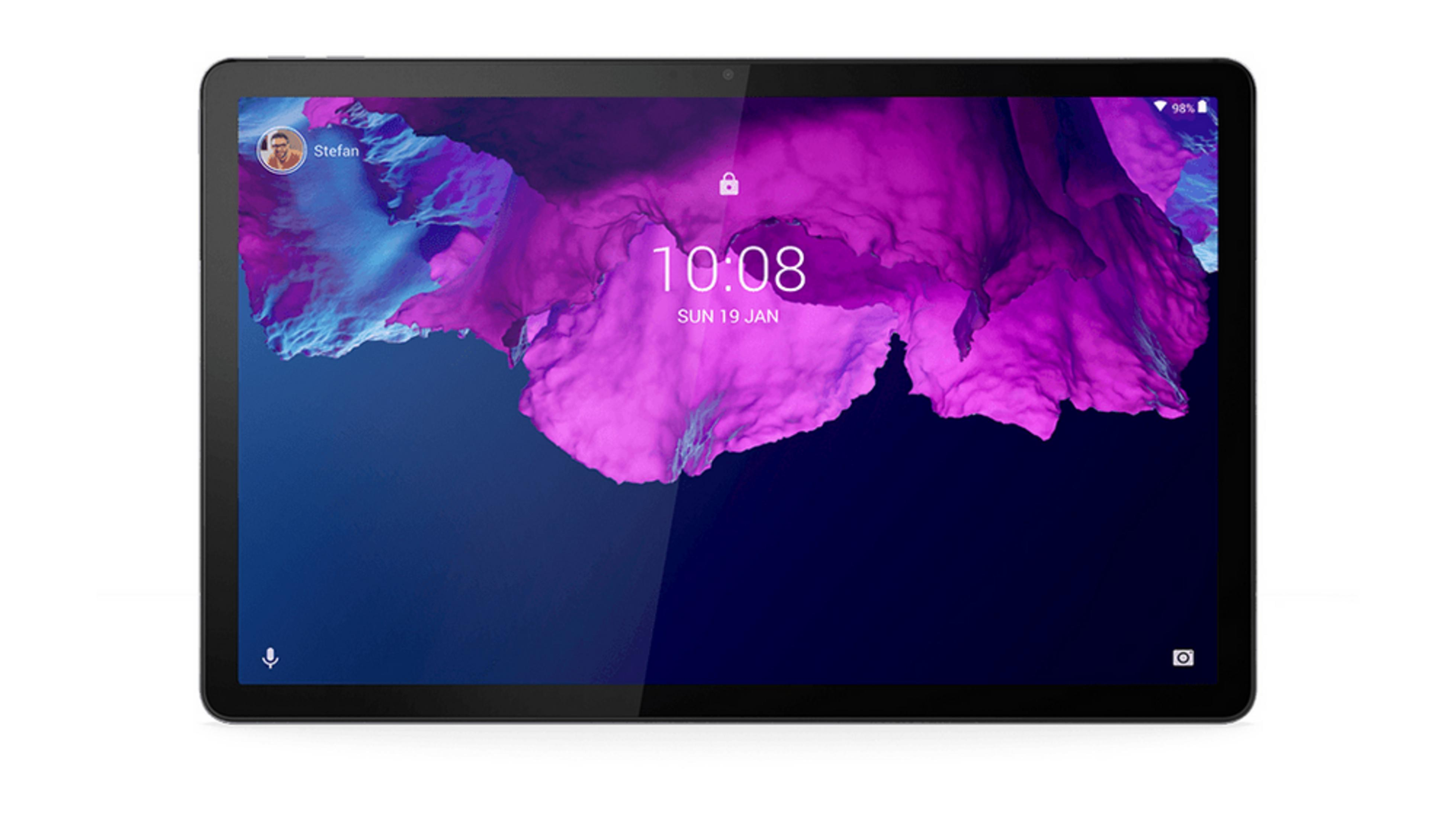 Una tableta muestra un fondo de pantalla púrpura y azul. Muestra 10:08 y 19 de enero.