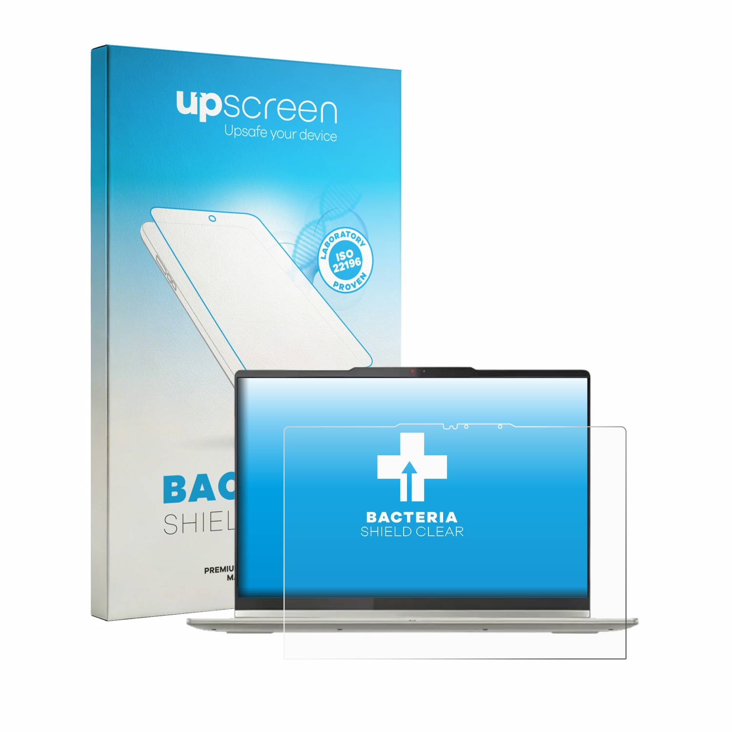 Laptop mit Bakterienschutz-Displayschutzfolie und Verpackung. Laborgeprüft.