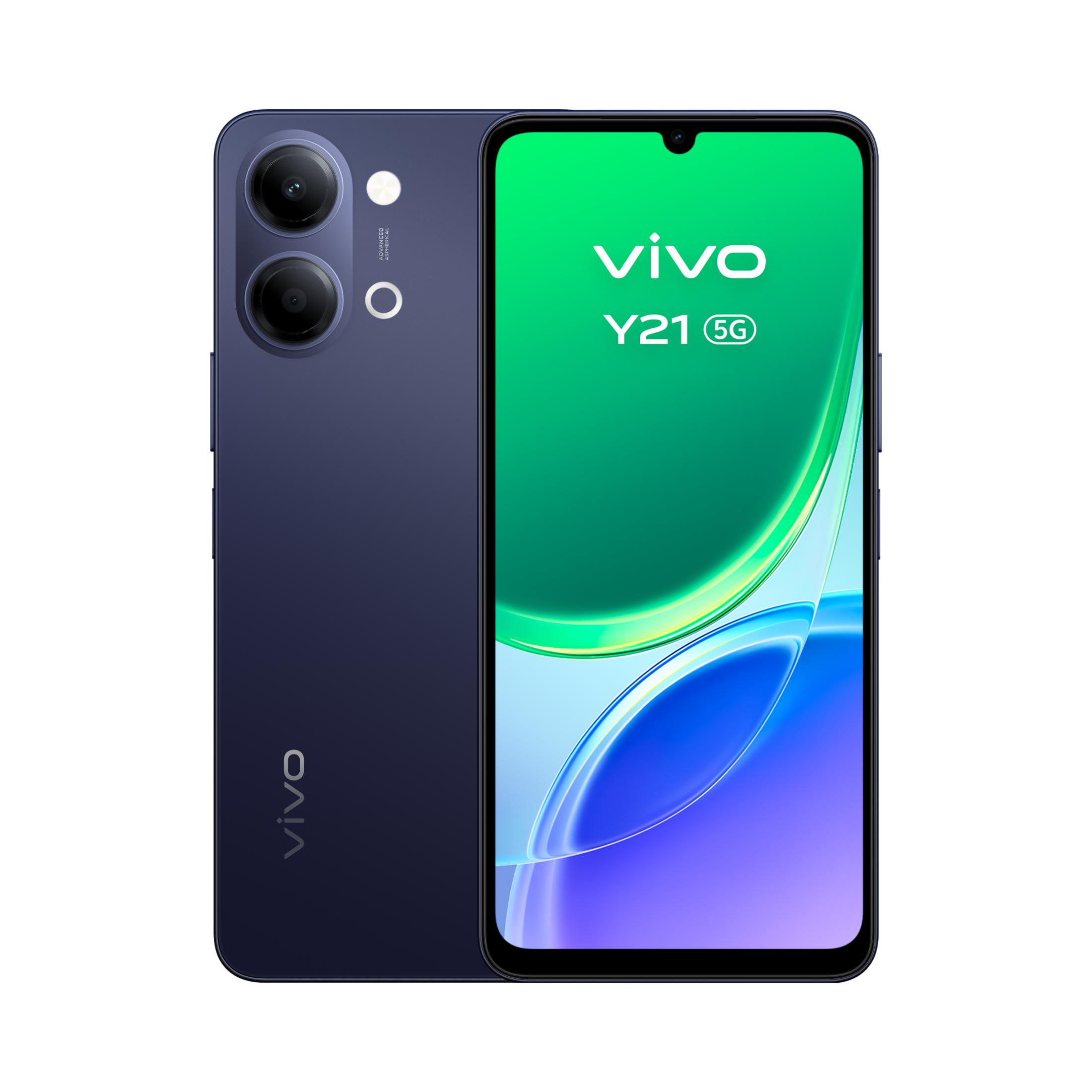 Smartphone Vivo Y21 5G blu scuro con doppia fotocamera posteriore e schermo intero.
