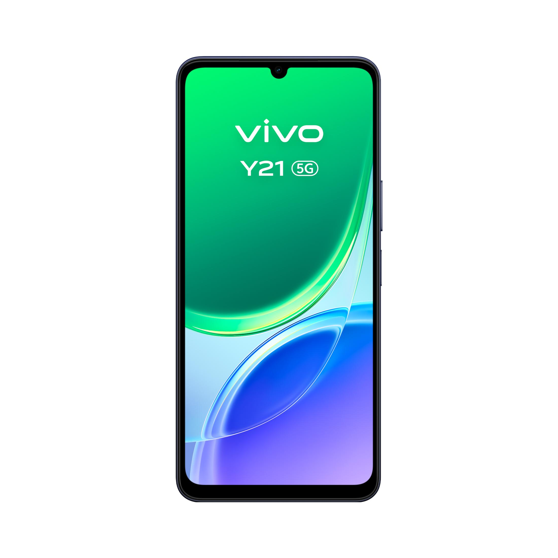 Uno smartphone Vivo Y21 5G visualizzato su uno sfondo verde e blu.