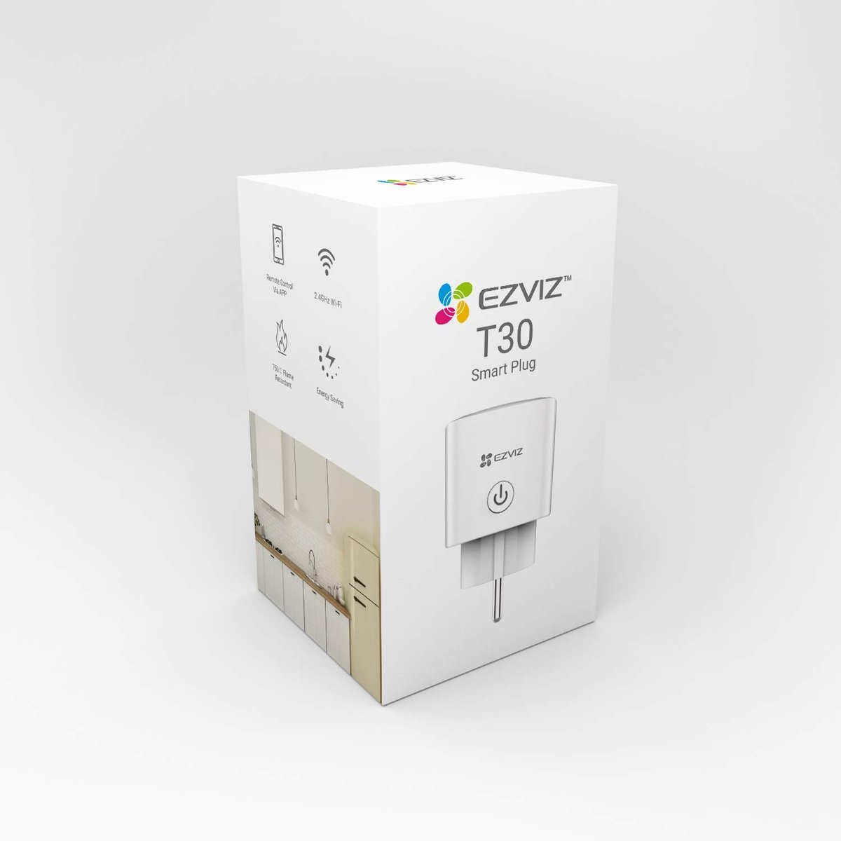 Confezione di una presa intelligente EZVIZ T30 con icone e immagine cucina.
