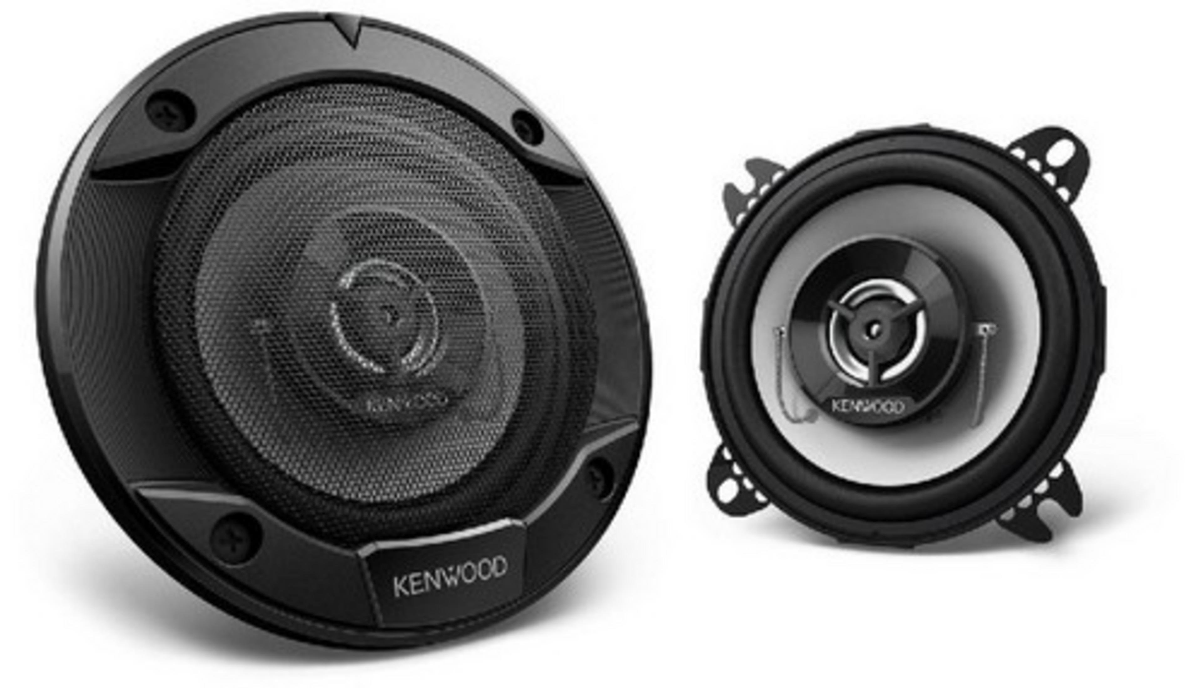Zwei Kenwood Lautsprecher, einer groß mit Gitter, einer klein mit Halterungen.