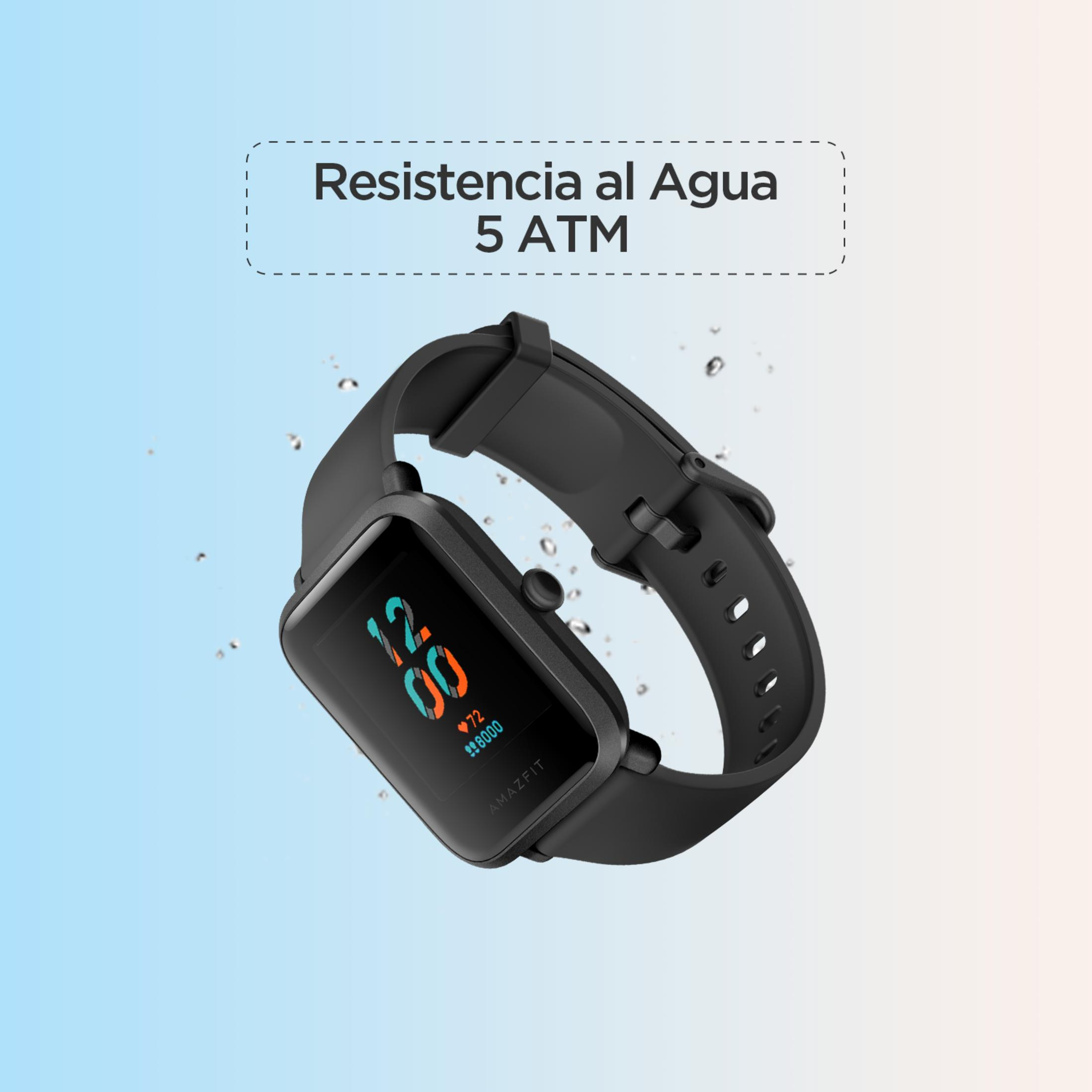 Schwarze Smartwatch mit Wasserdichtigkeit 5 ATM und farbigem Zifferblatt.