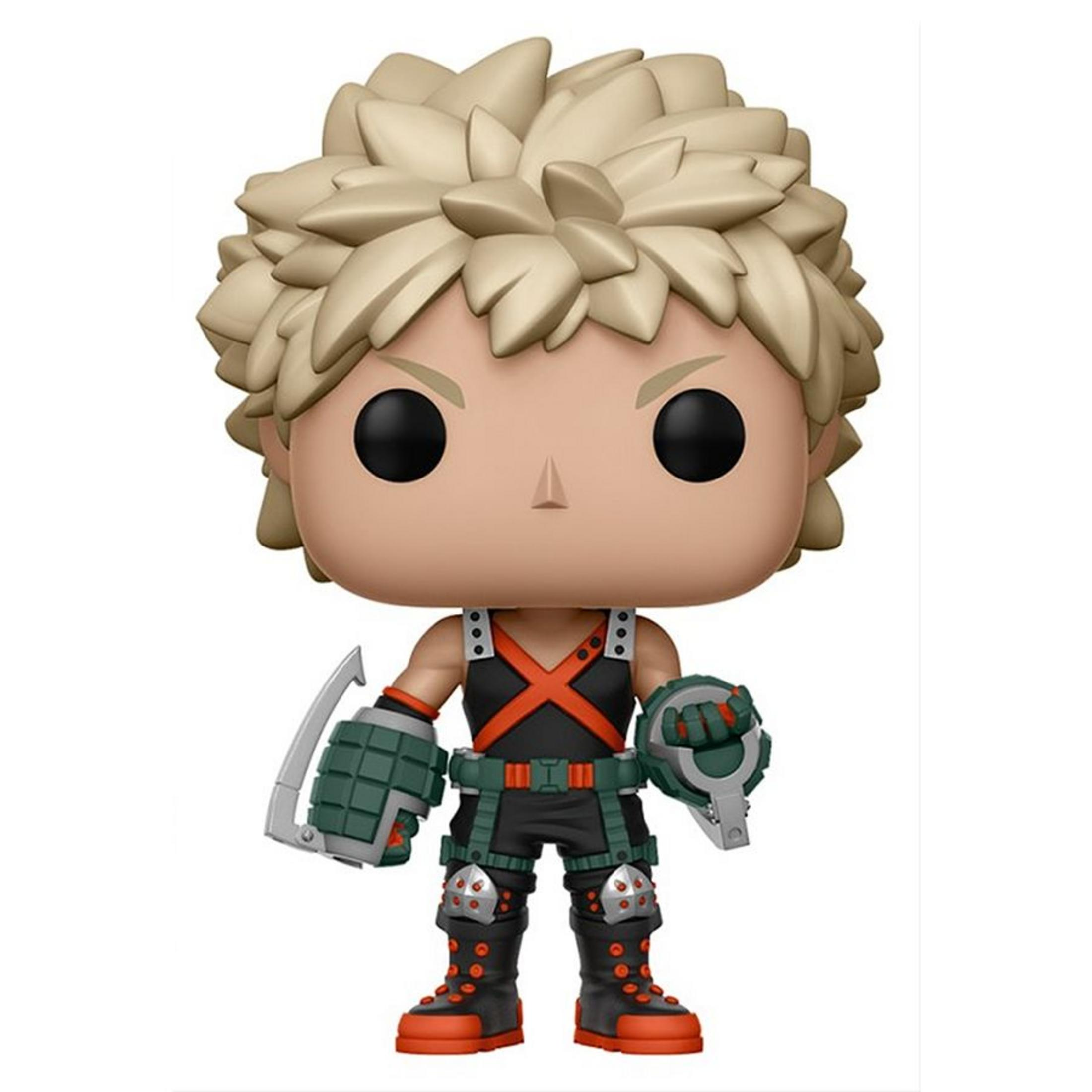 Ein Funko Pop-Vinyl von Katsuki Bakugo mit blonden Haaren und Kampfausrüstung.