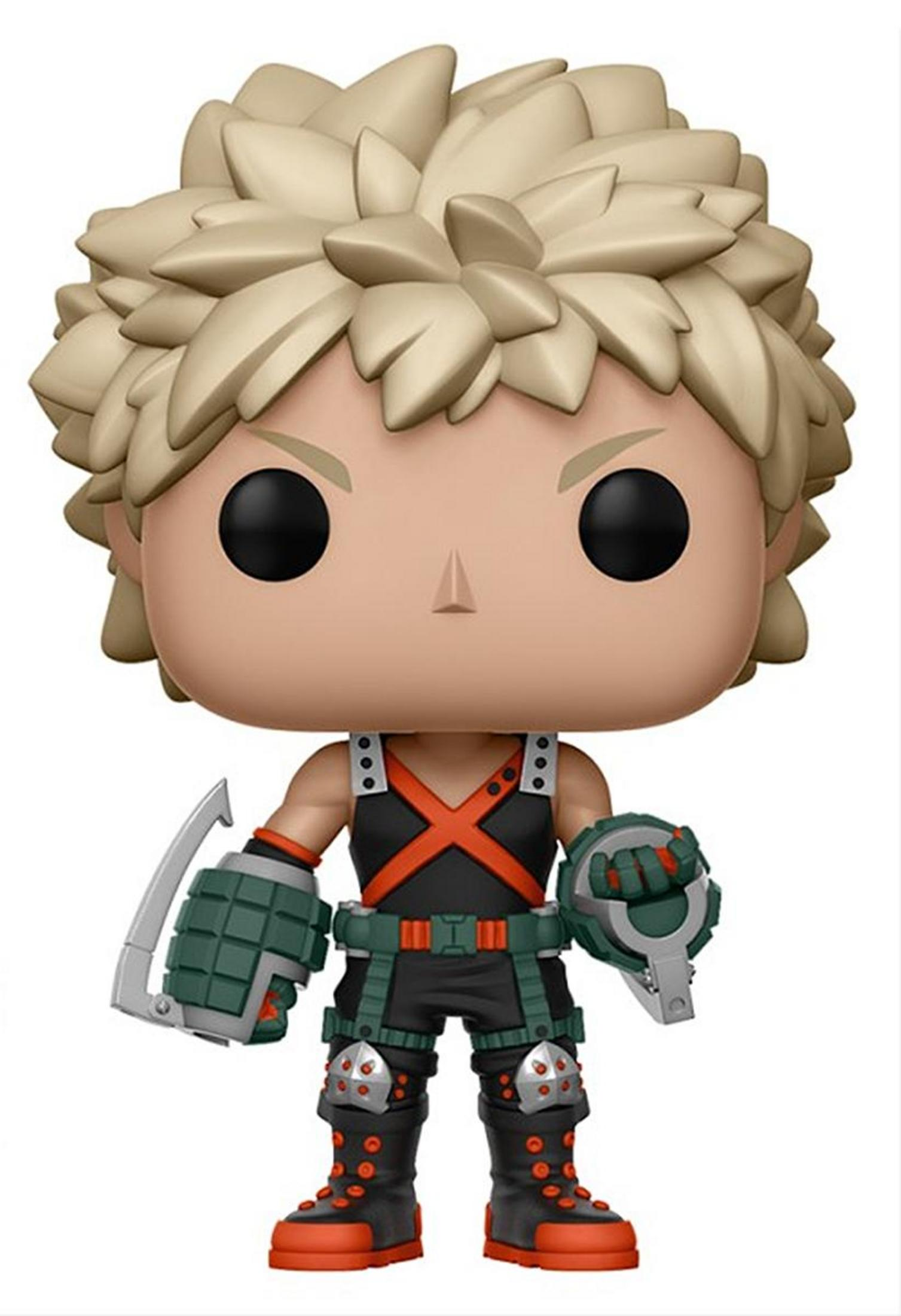 Pop-Figur mit blondem Haar, trägt schwarzen Anzug mit orangefarbenen Akzenten, hält Geräte in Händen.