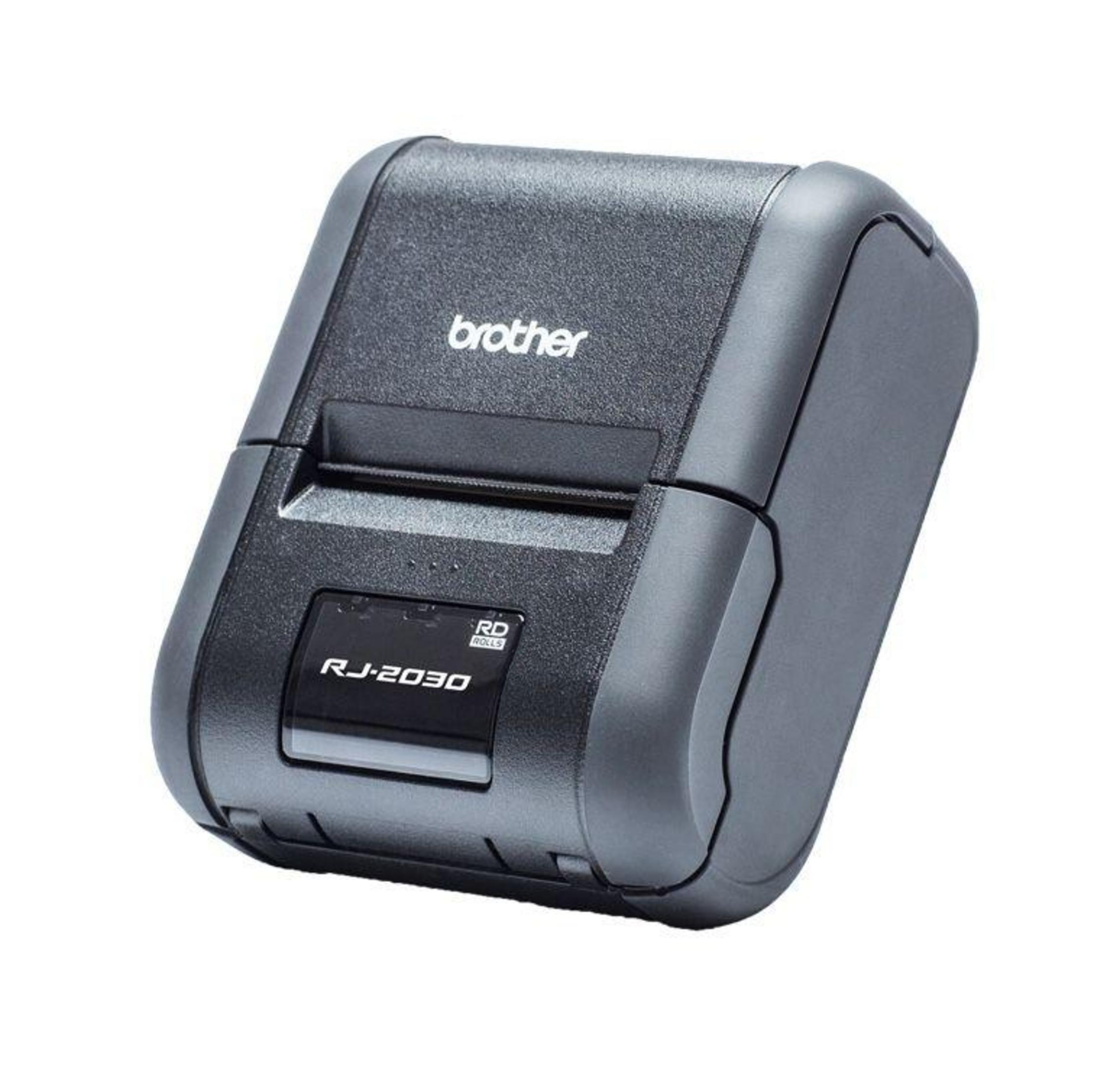 Een grijze Brother RJ-2030 labelprinter staat op een witte achtergrond.
