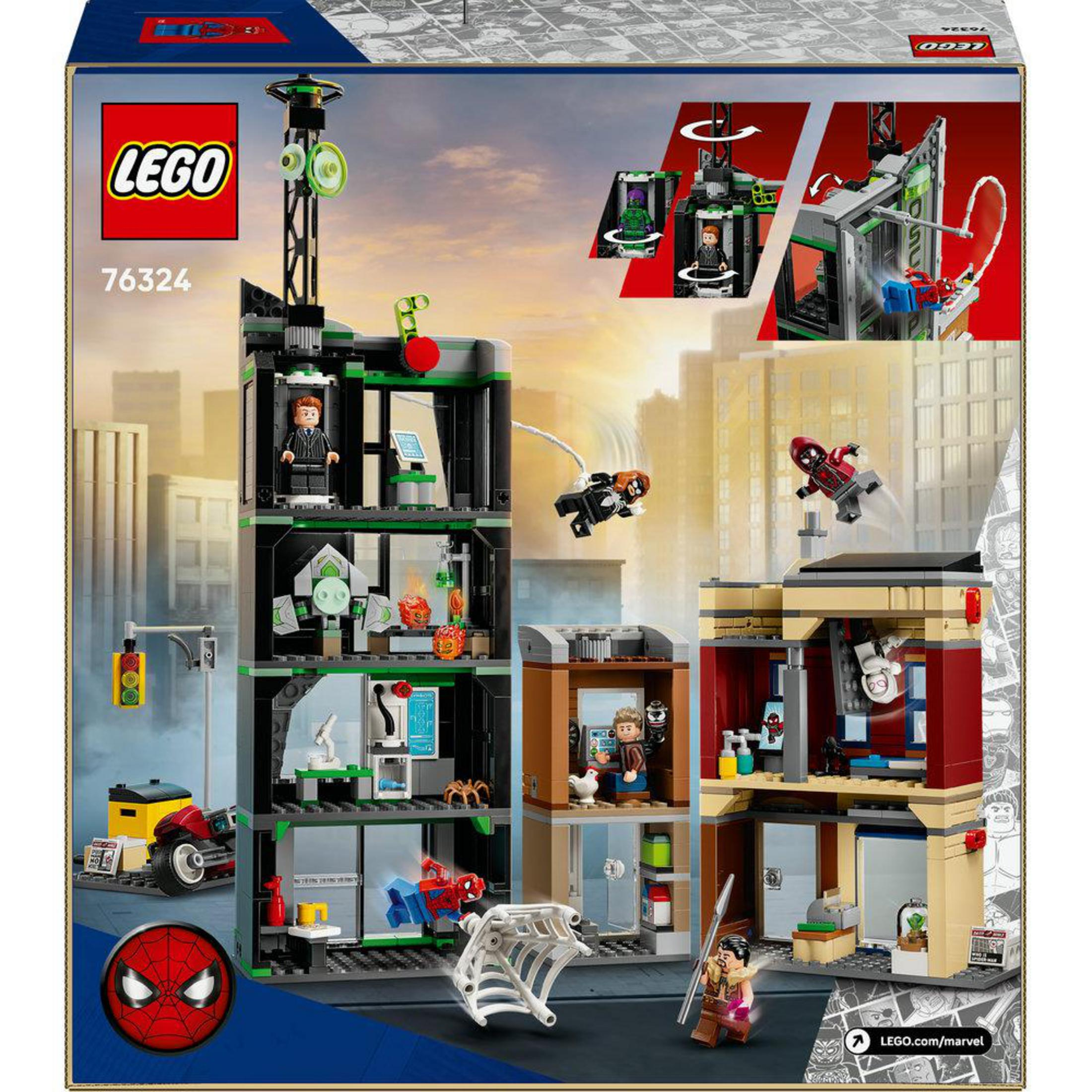 Zestaw Lego z figurkami Spidermana, wysokim budynkiem, motocyklem i pająkiem.
