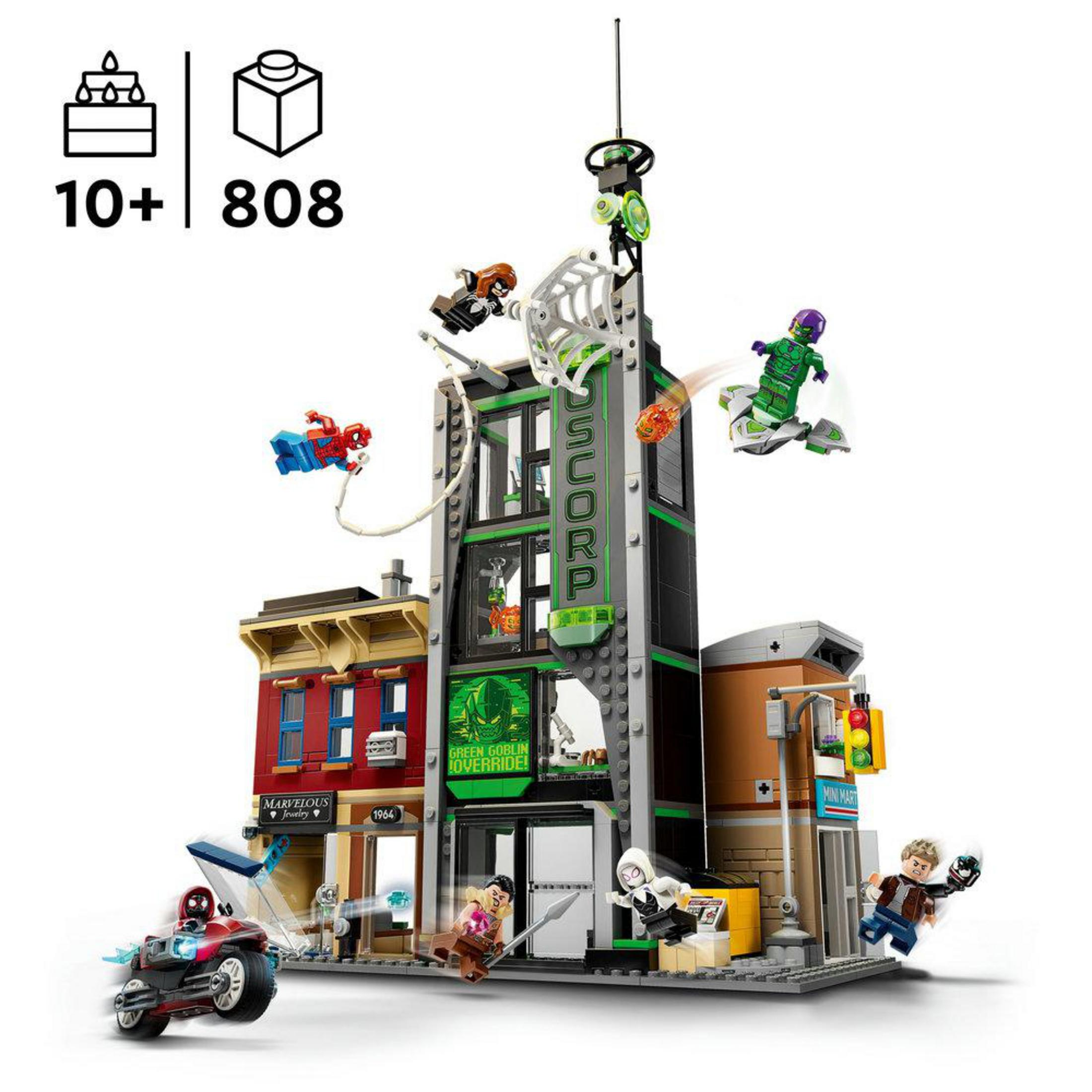 Zestaw Lego Spider-Man z budynkiem, figurkami i pojazdami.