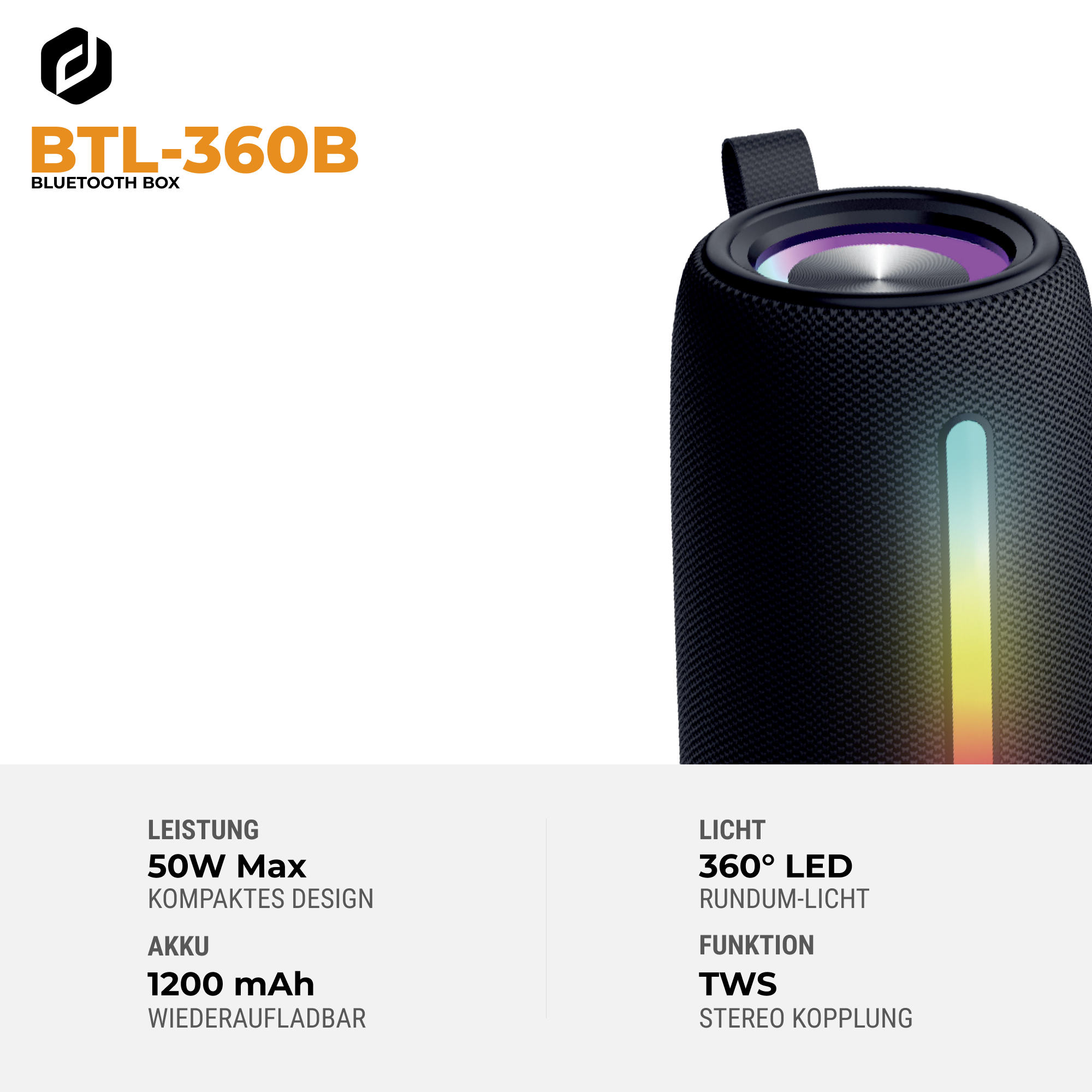 Schwarzer Bluetooth-Lautsprecher mit Farb-LED-Licht und technischen Daten.