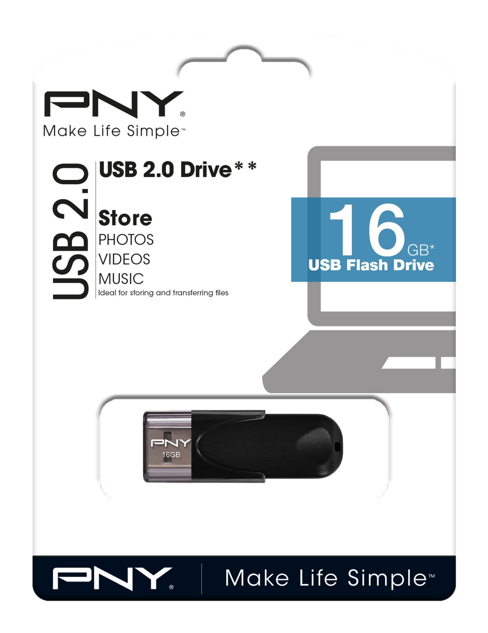 PNY 16GB USB 2.0 Flash Drive auf weißem Hintergrund mit Laptop-Symbol.