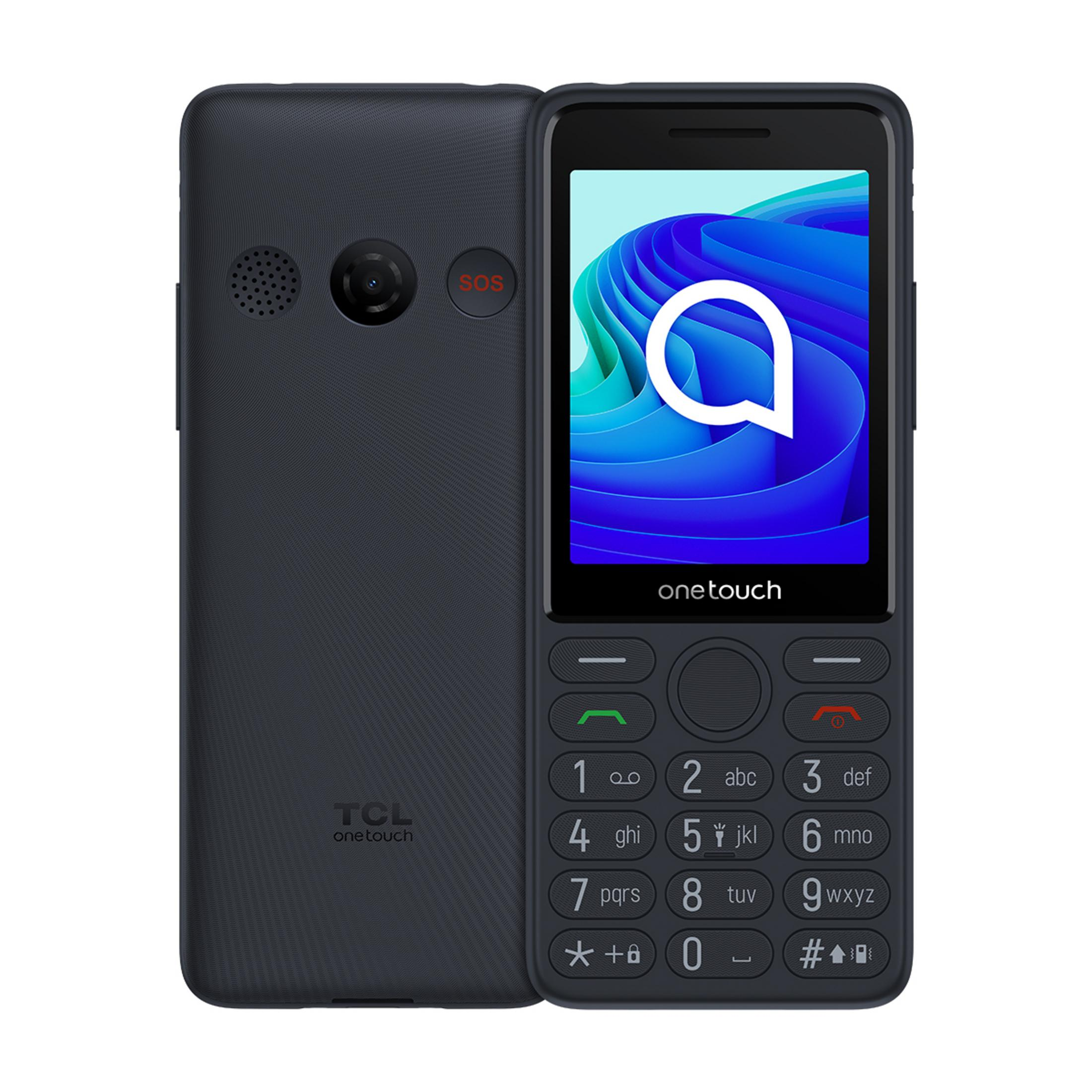 Telefono cellulare grigio scuro con tastiera e pulsante SOS.