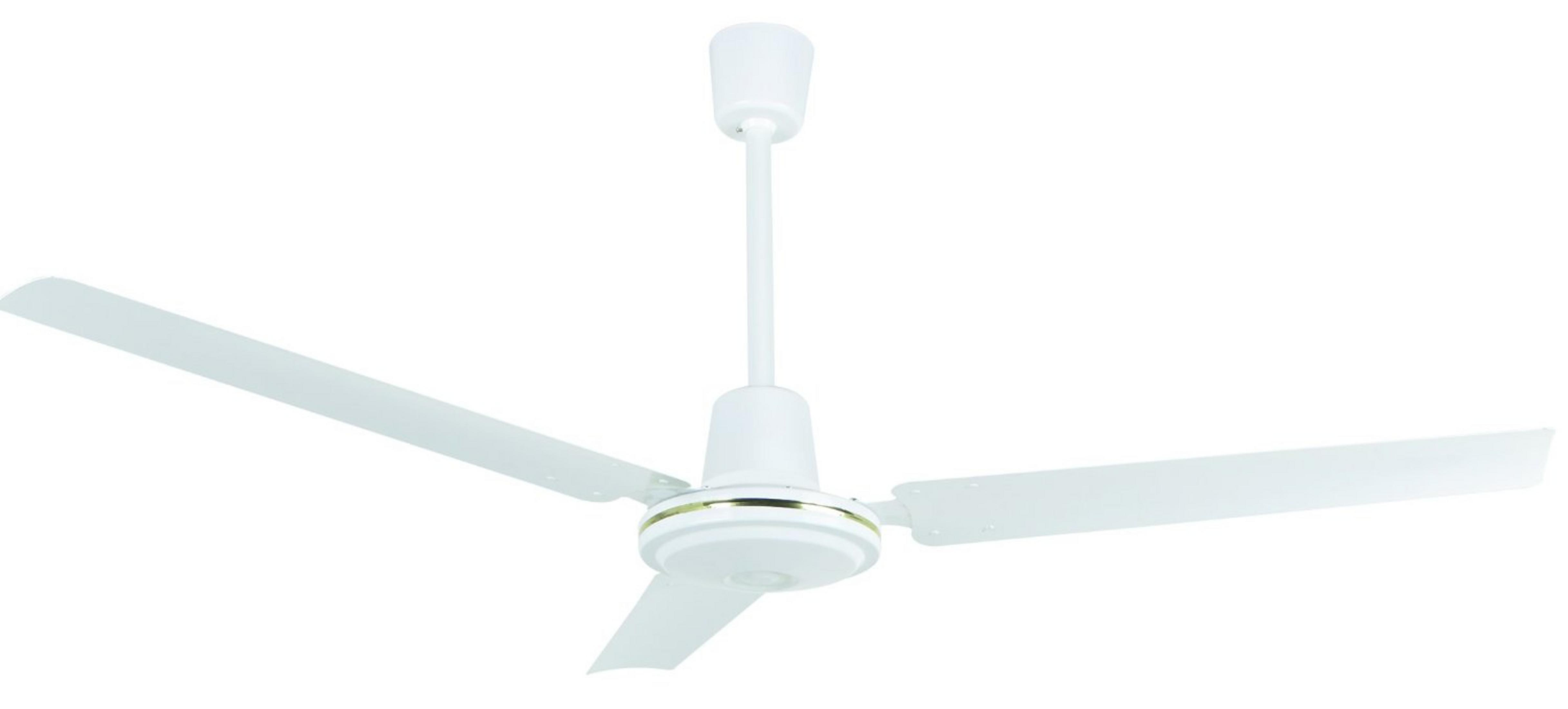 Un ventilatore da soffitto bianco a tre pale con accenti dorati su sfondo bianco.