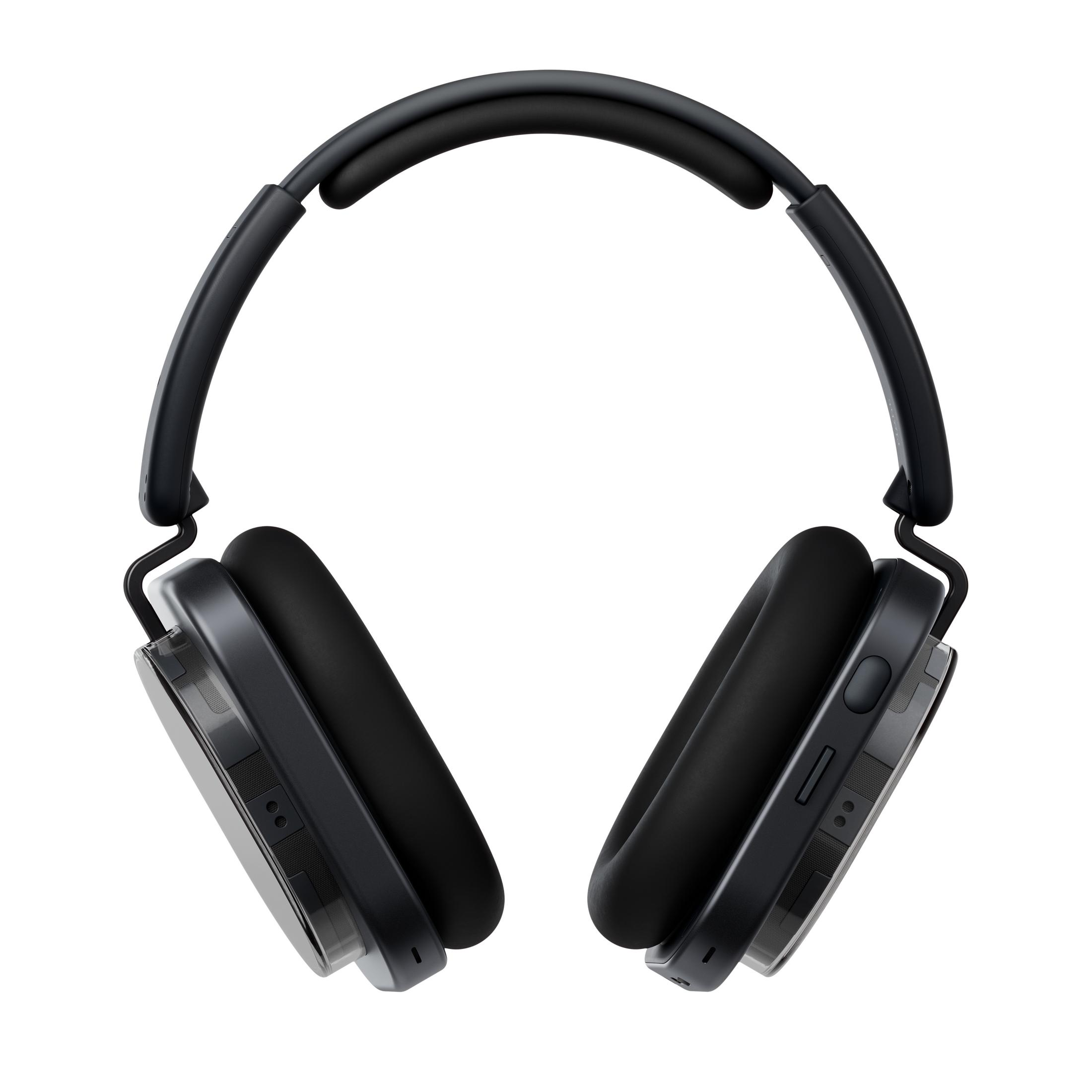 Cuffie nere over-ear con accenti argentati, su sfondo bianco.