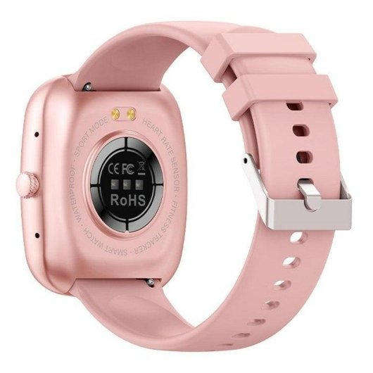 Primo piano di uno smartwatch rosa che mostra sensore di frequenza cardiaca e certificazioni CE FC RoHS.