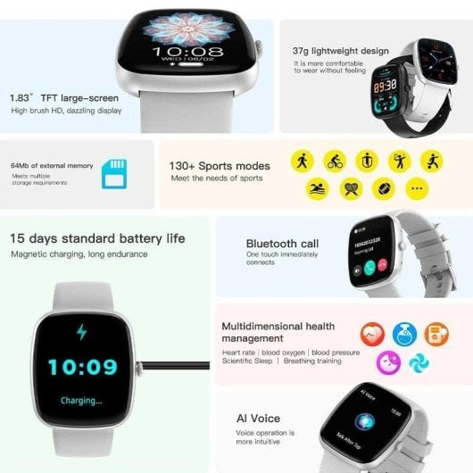 Smartwatch con schermo da 1,83", 37g leggero, 130+ modalità sportive, batteria 15 giorni, chiamata Bluetooth.