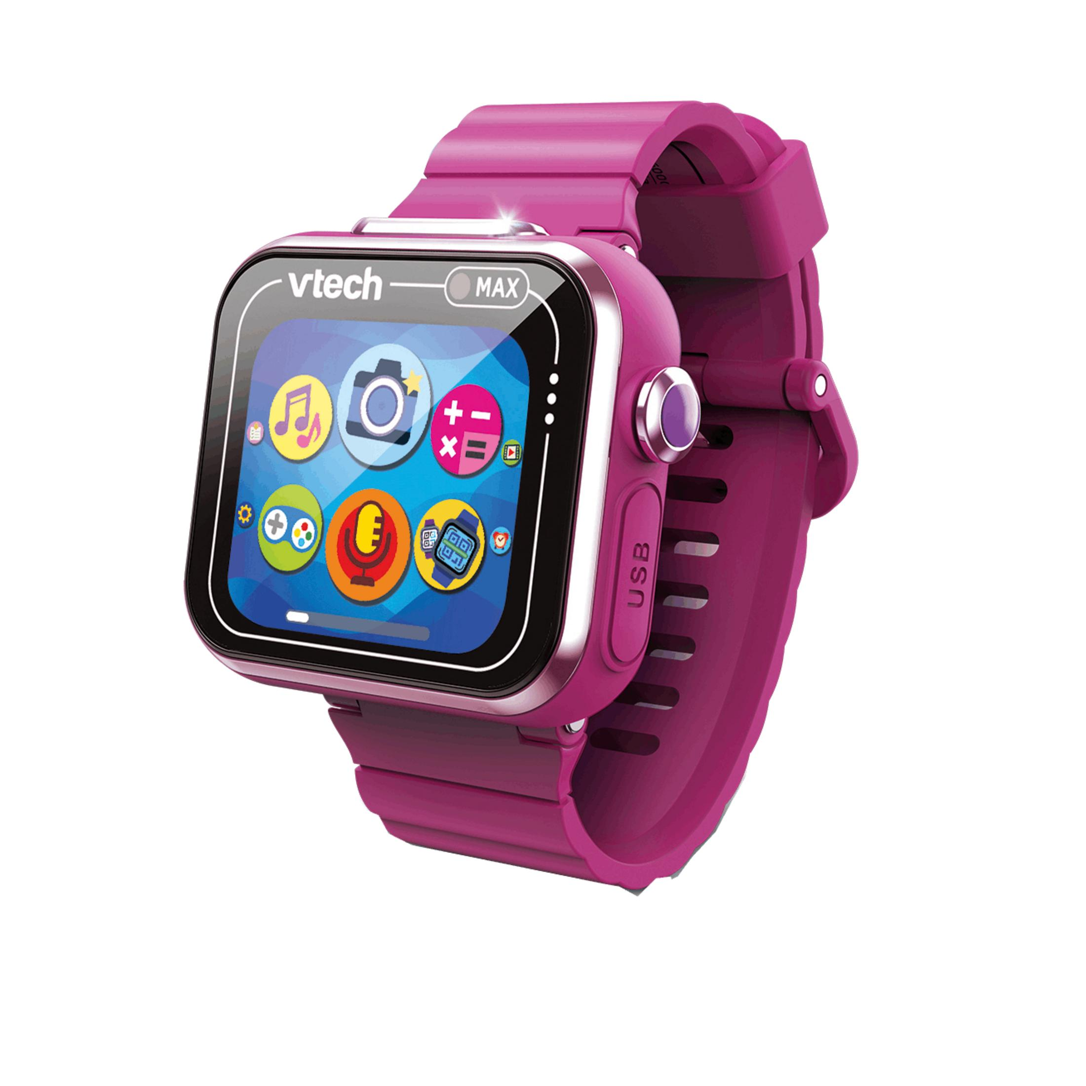 Uno smartwatch VTech rosa con icone di app colorate sullo schermo.