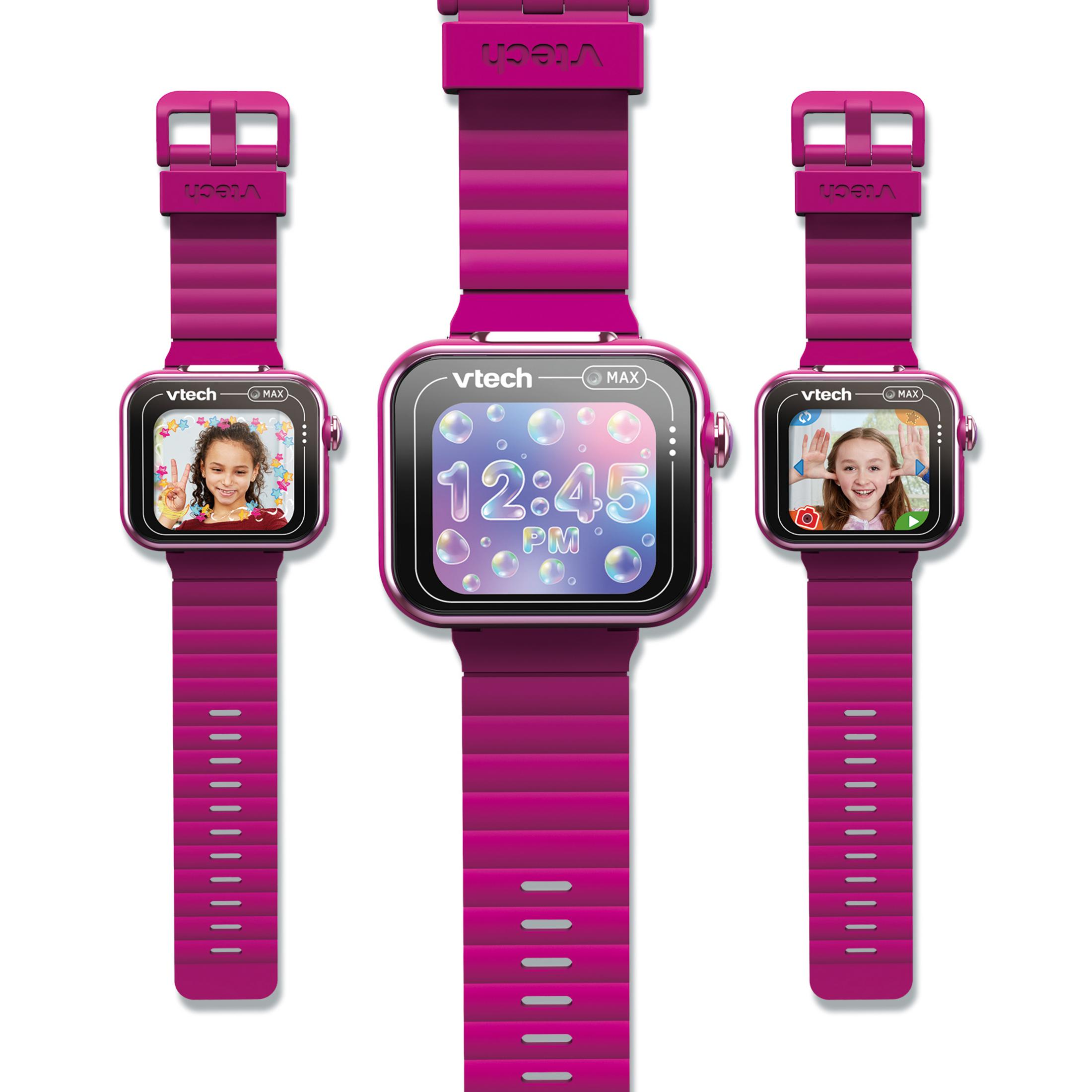 Tre orologi VTech rosa uno accanto all'altro: due con foto di bambini, uno con l'ora.