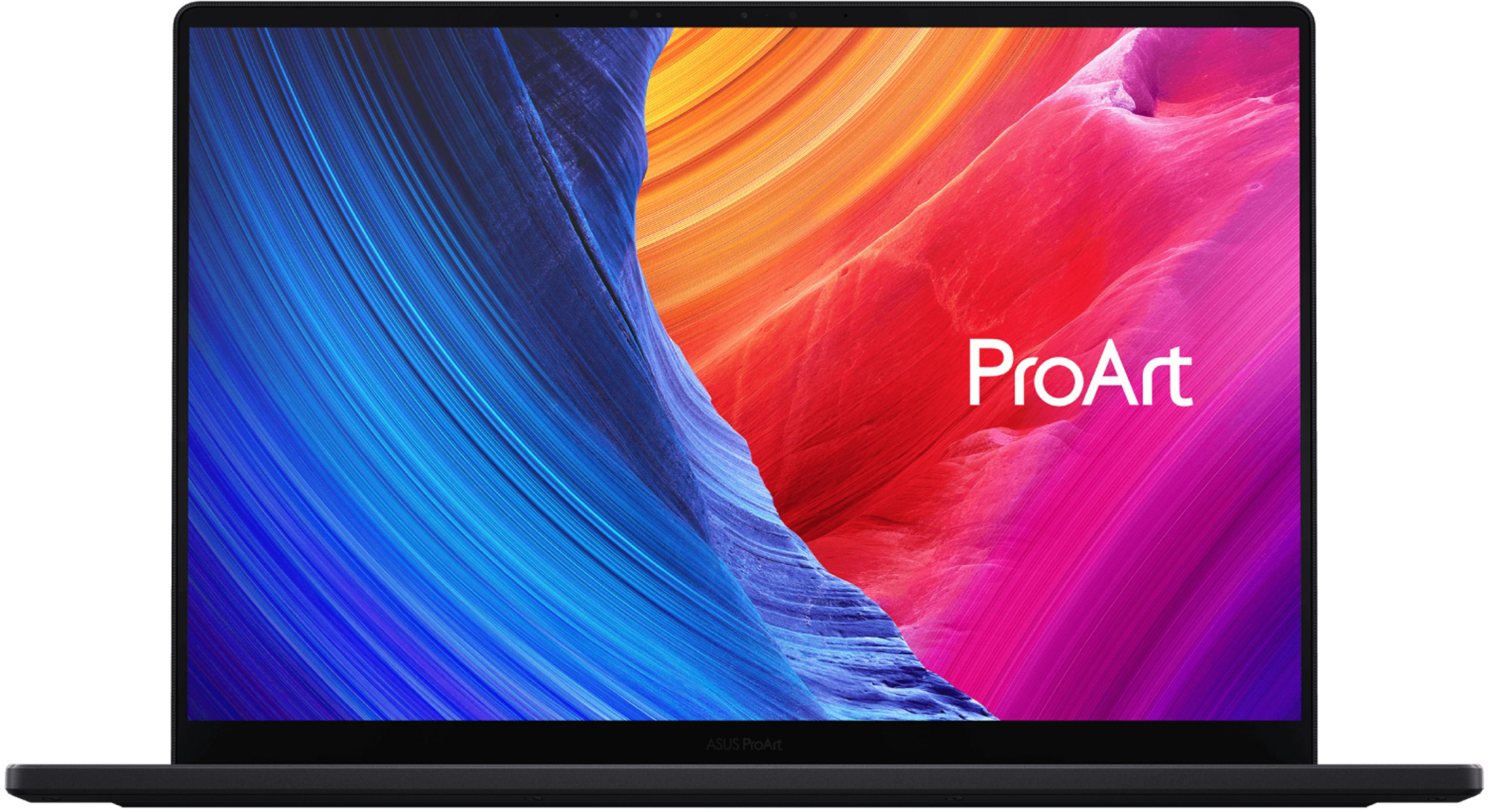 Un portátil abierto que muestra un fondo abstracto y vibrante en su pantalla.