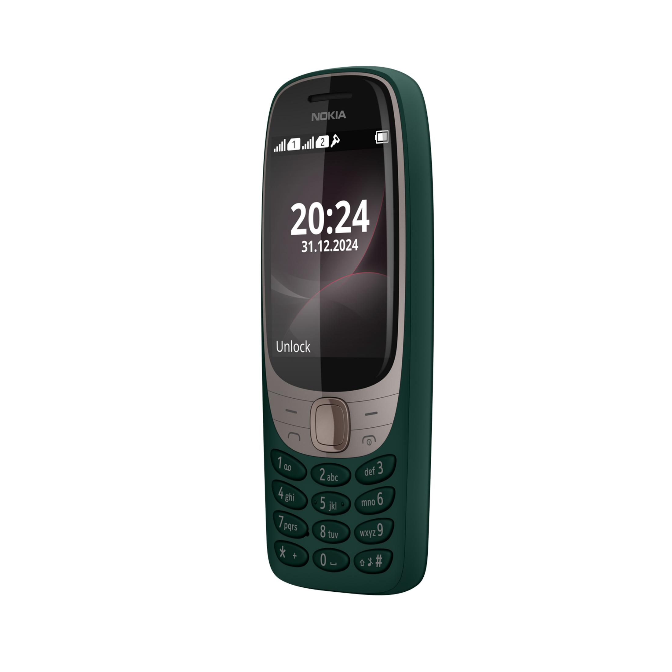 Un telefono cellulare Nokia verde scuro con schermo nero che mostra le 20:24.