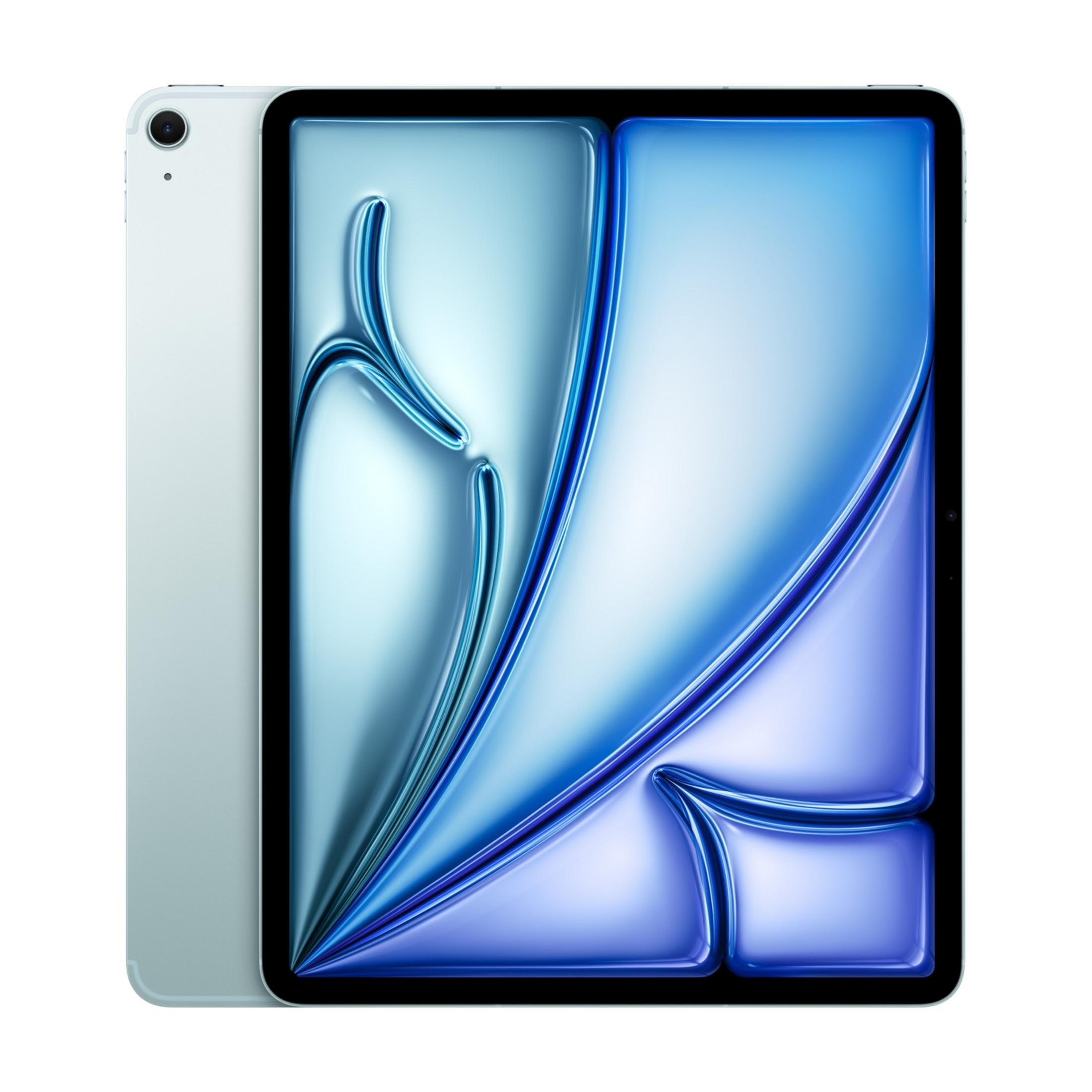 Un tablet verde chiaro con uno sfondo blu vibrante.