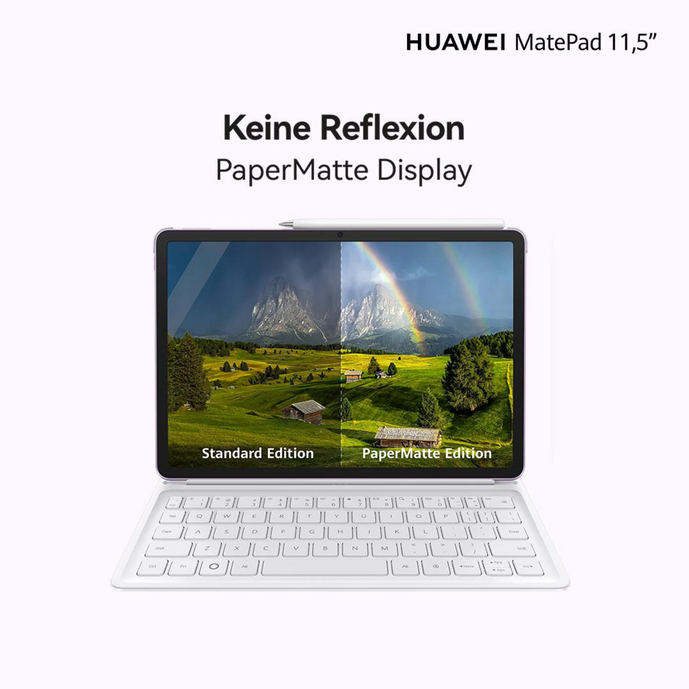 HUAWEI MatePad 11,5 Zoll mit Stift und Tastatur. Bildschirm zeigt Landschaft mit Regenbogen.