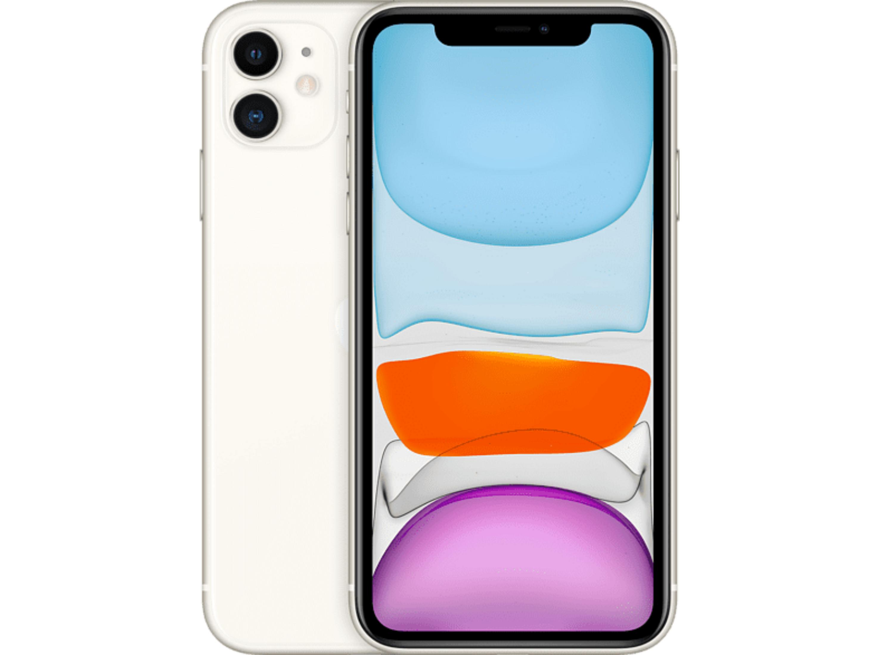 Un iPhone 11 bianco che mostra le sue doppie fotocamere posteriori e uno sfondo colorato.