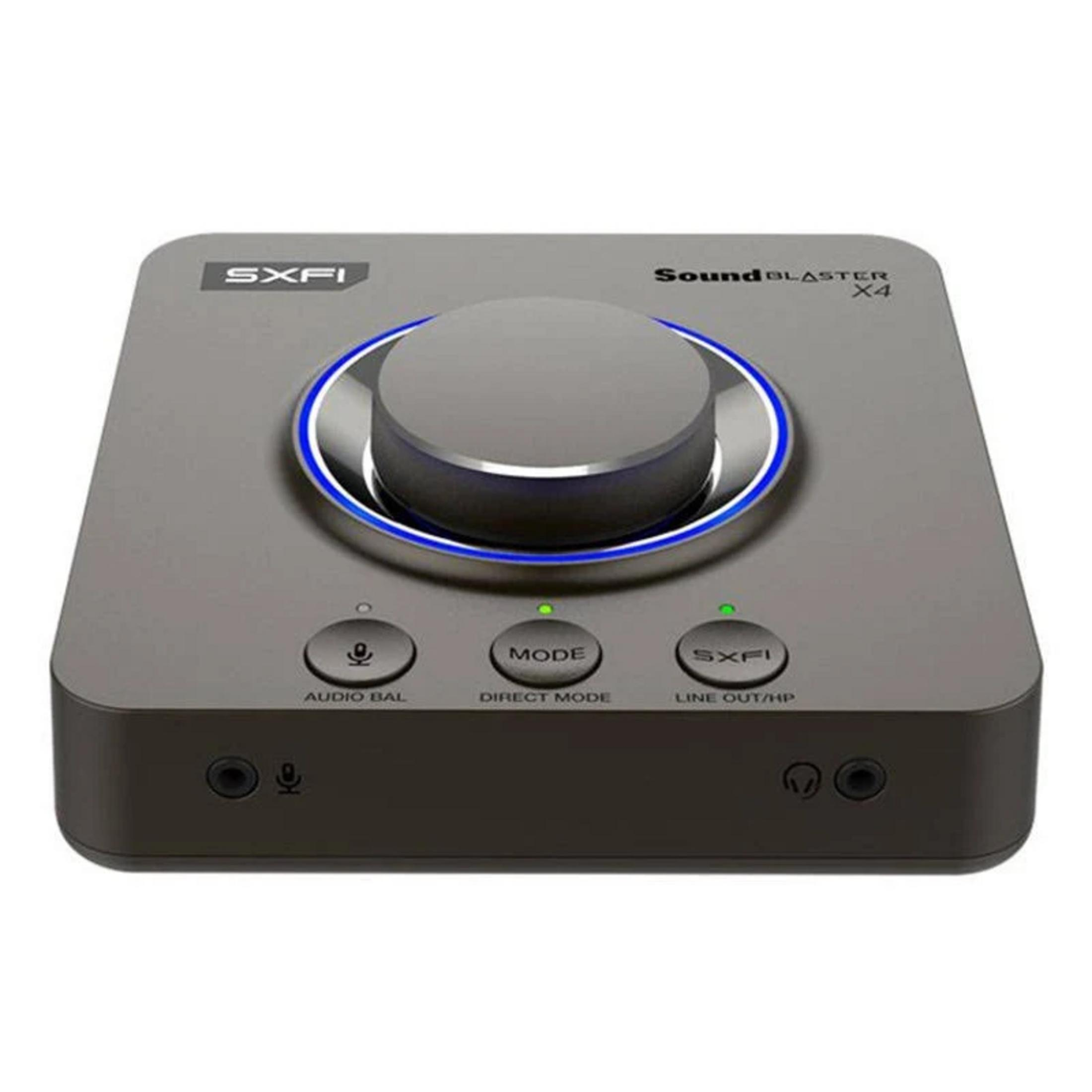 Dispositivo scheda audio grigio con quadrante e tre pulsanti.